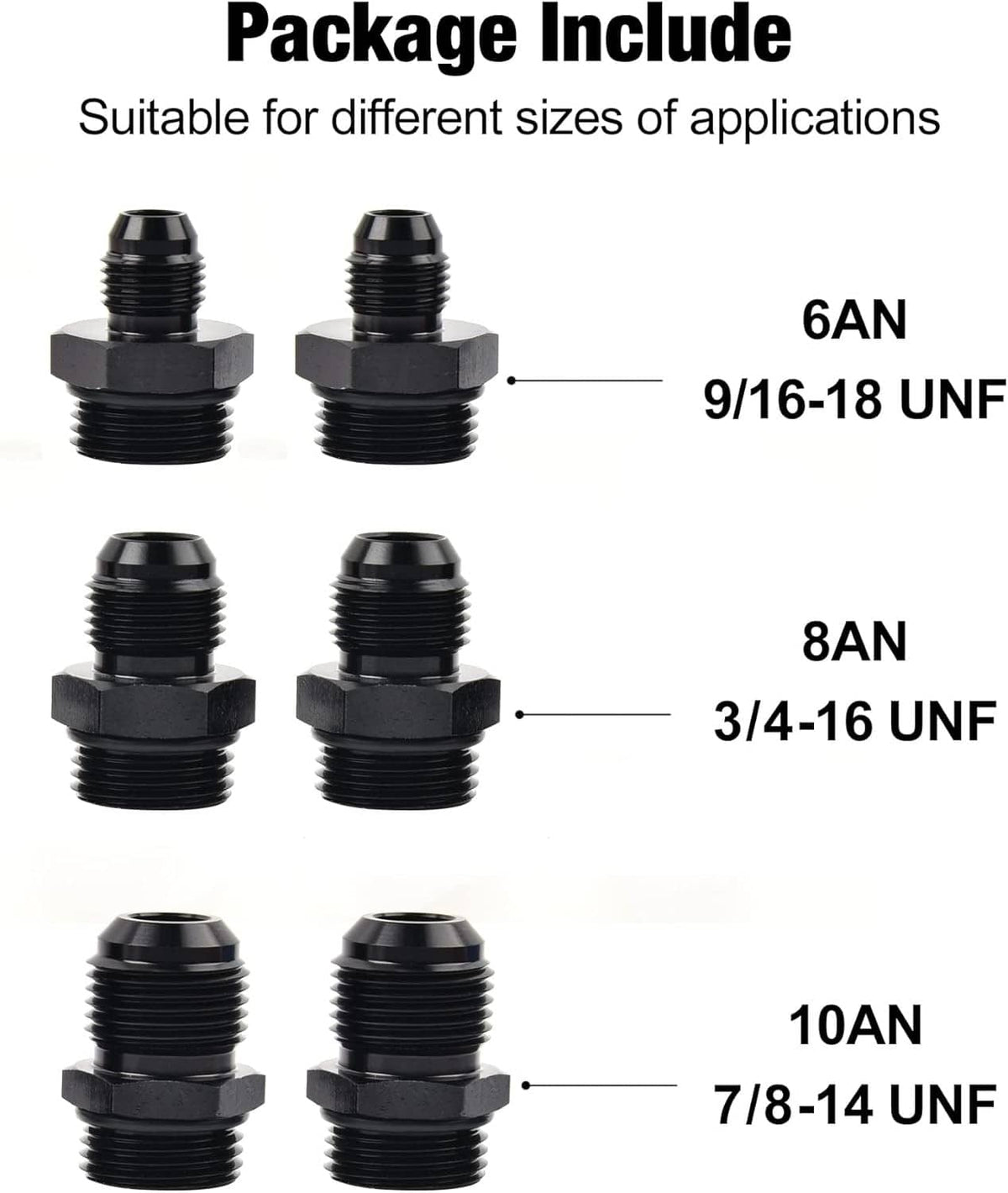 Set of black threaded adapter fittings for 6AN, 8AN, and 10AN connections