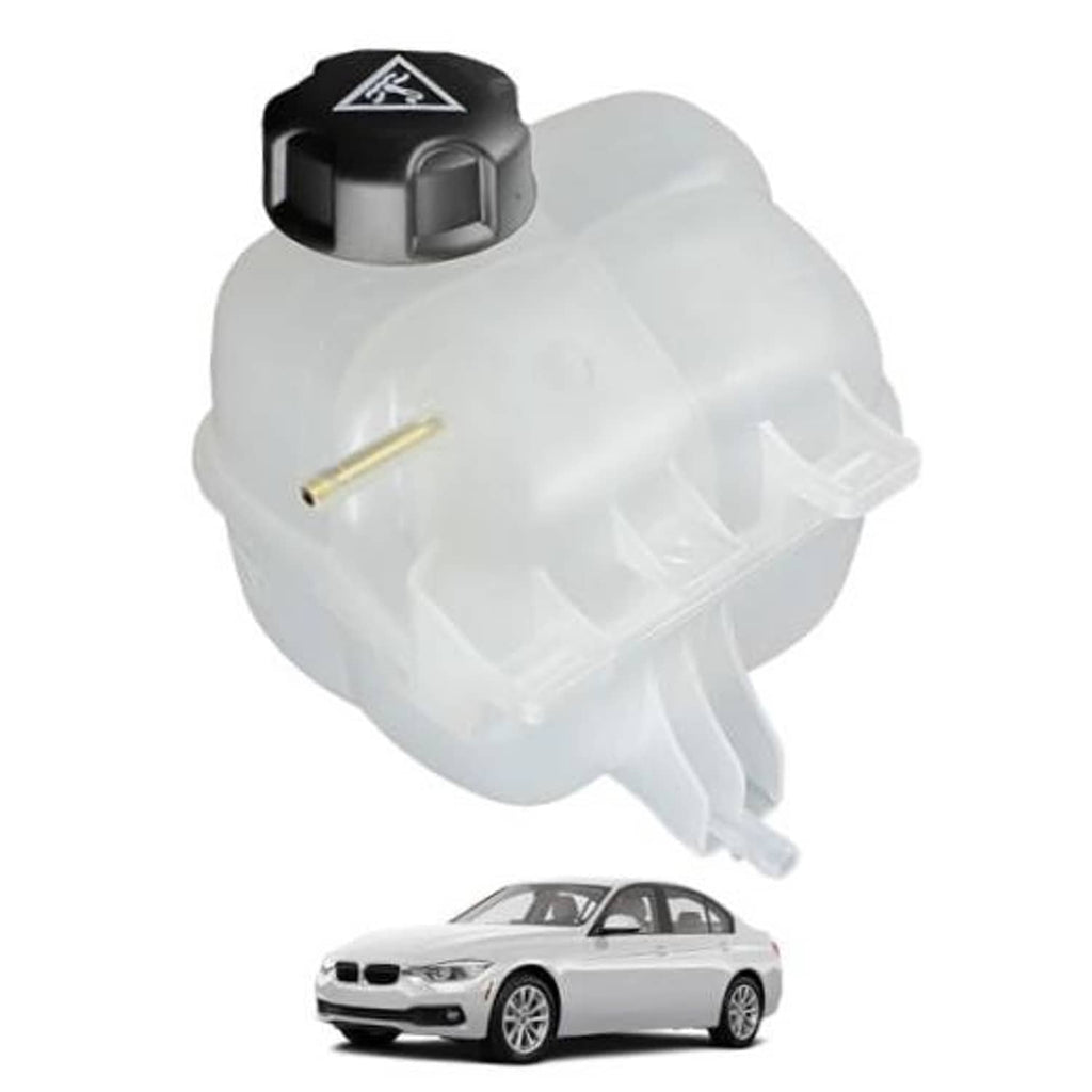 Radiator coolant overflow reservoir tank with black cap, translucent white body