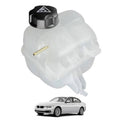 Radiator coolant overflow reservoir tank with black cap, translucent white body
