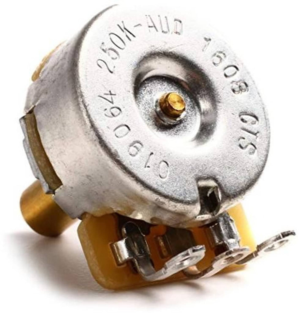 Solid-shaft potentiometer with silver metal body and gold central shaft, marked 250K