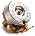 Solid-shaft potentiometer with silver metal body and gold central shaft, marked 250K