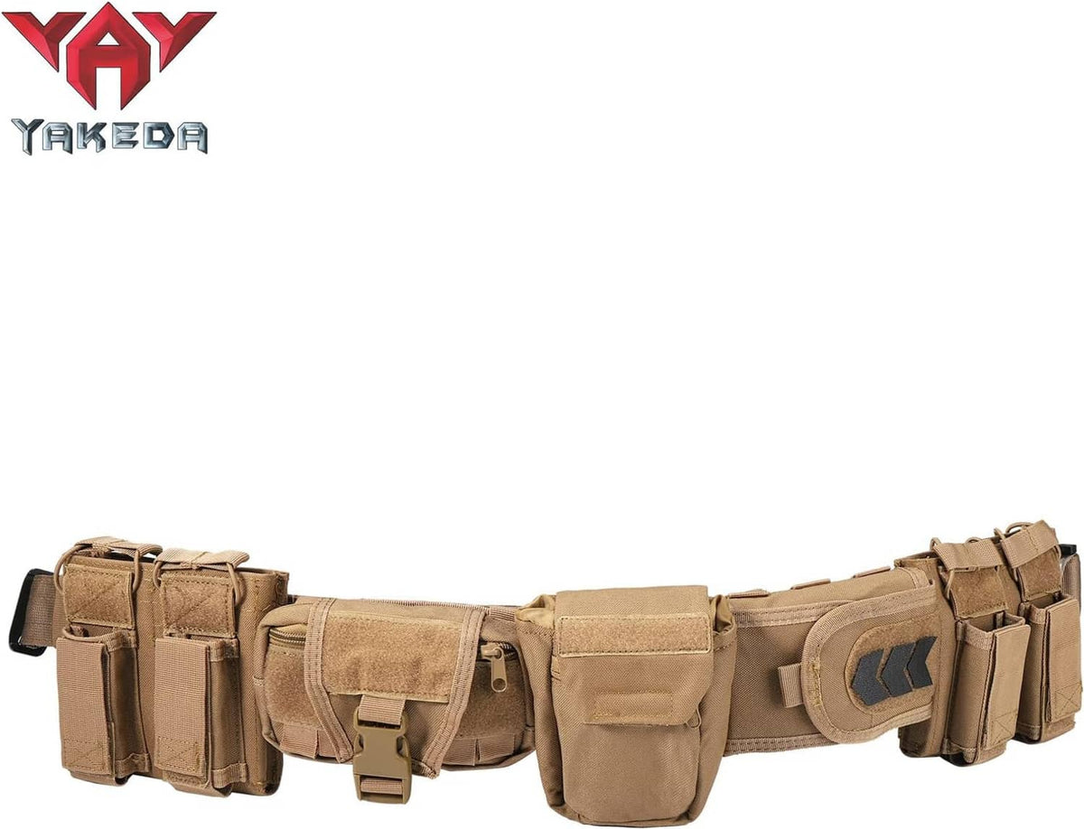 Tan tactical battle belt with front pouch panel and side magazine pouches