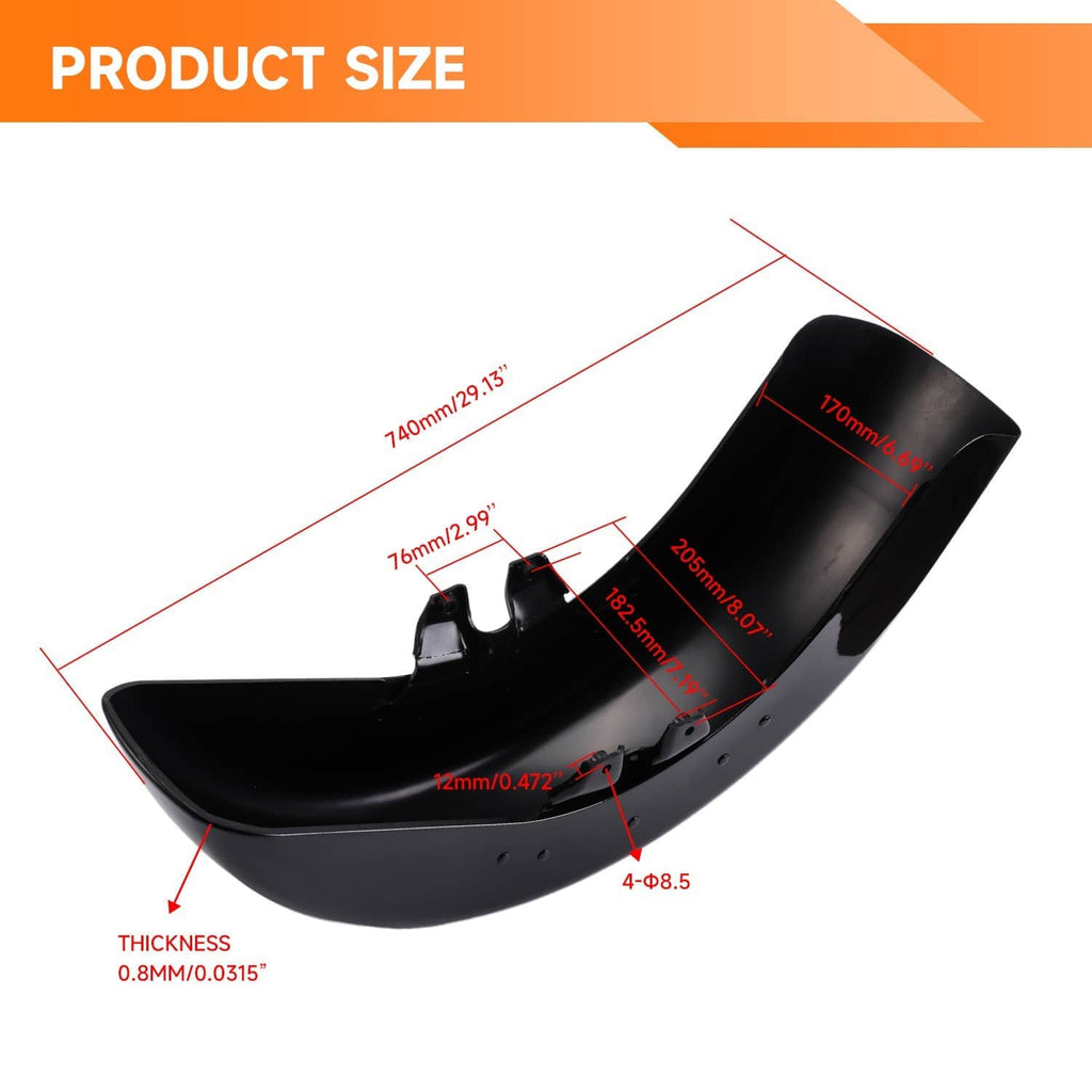 Front fender size diagram with thickness and overall dimensions