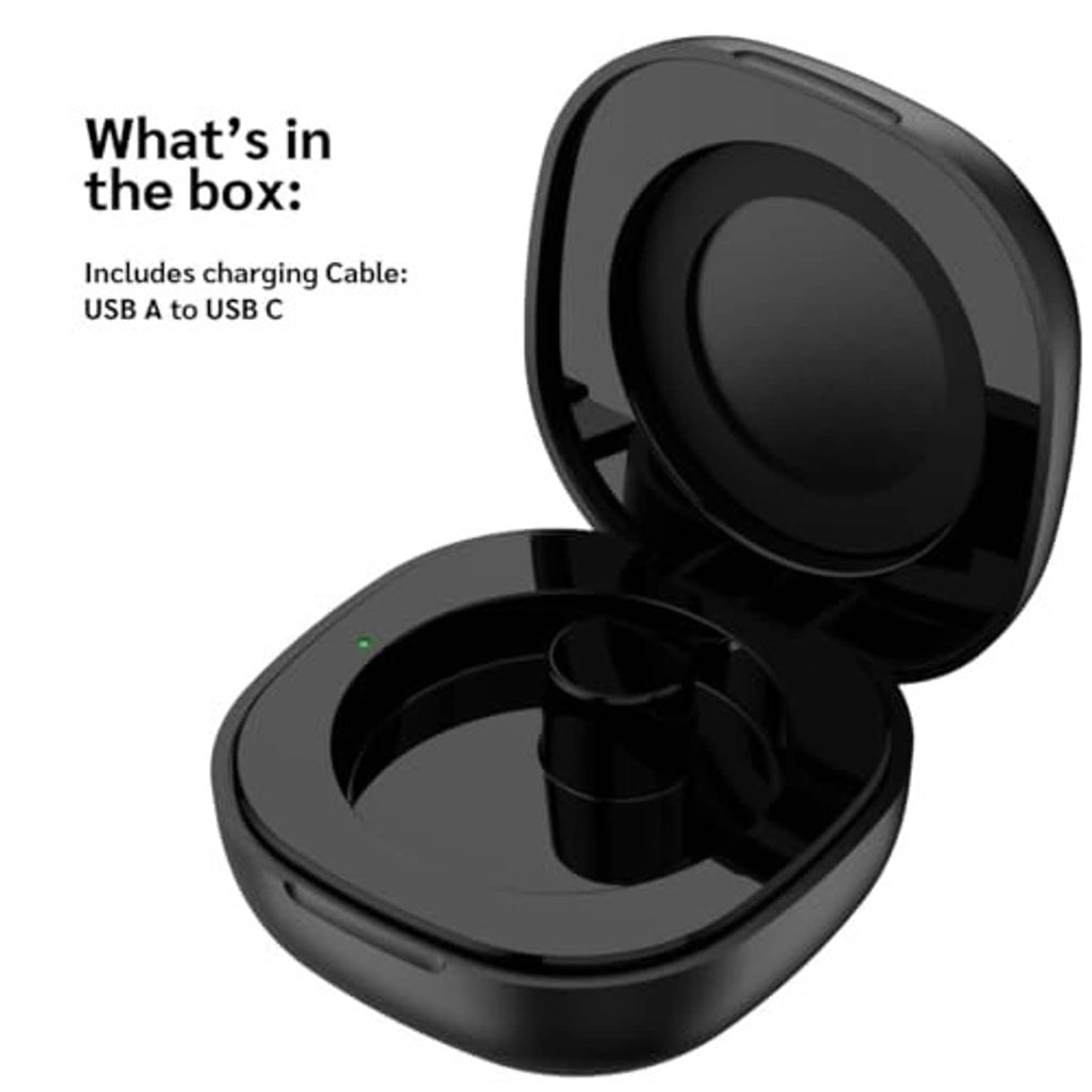 Black smart ring charging case open with charging cradle inside