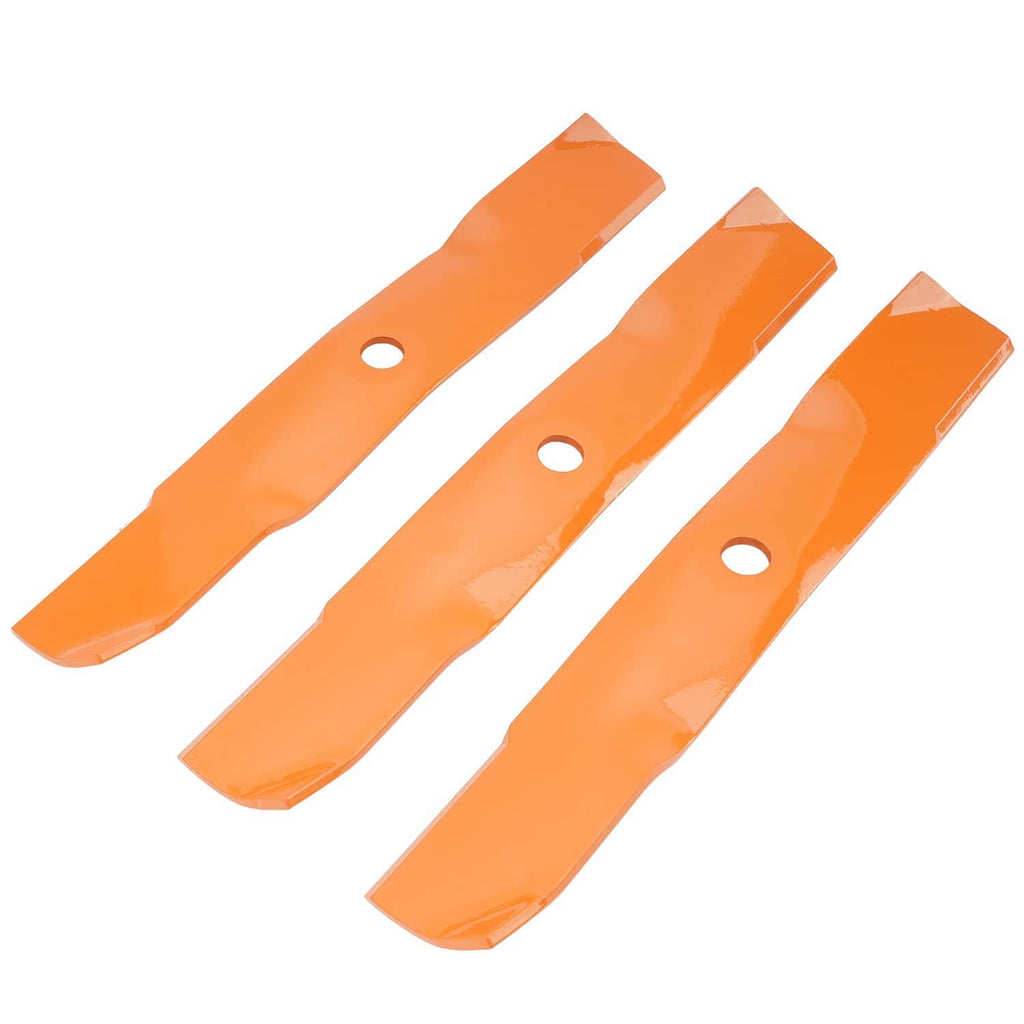 Three orange mower blades angled view with mounting holes along the center