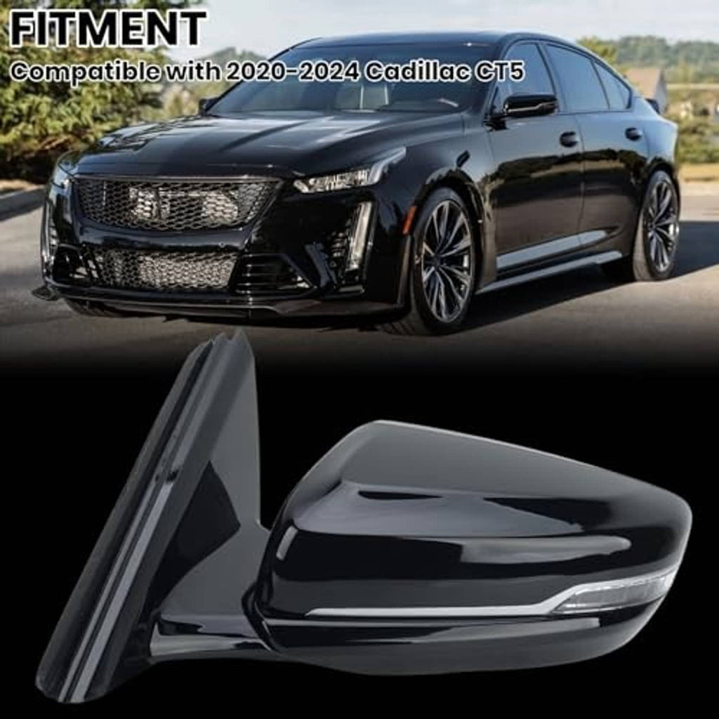 Black left driver-side mirror on vehicle door, glossy housing with clear glass