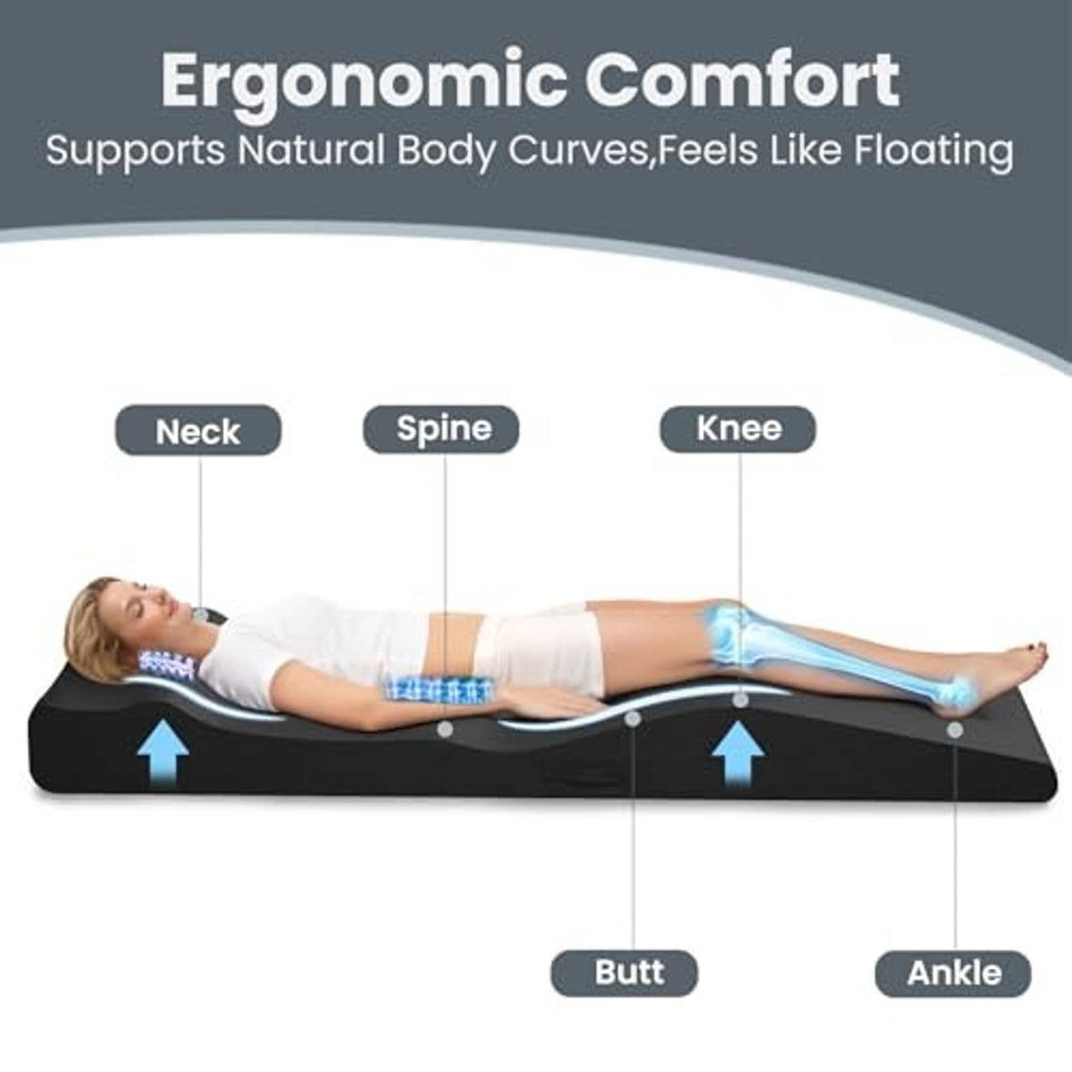 Black contoured lash bed topper with comfort zones for neck, spine, knee, butt, ankle