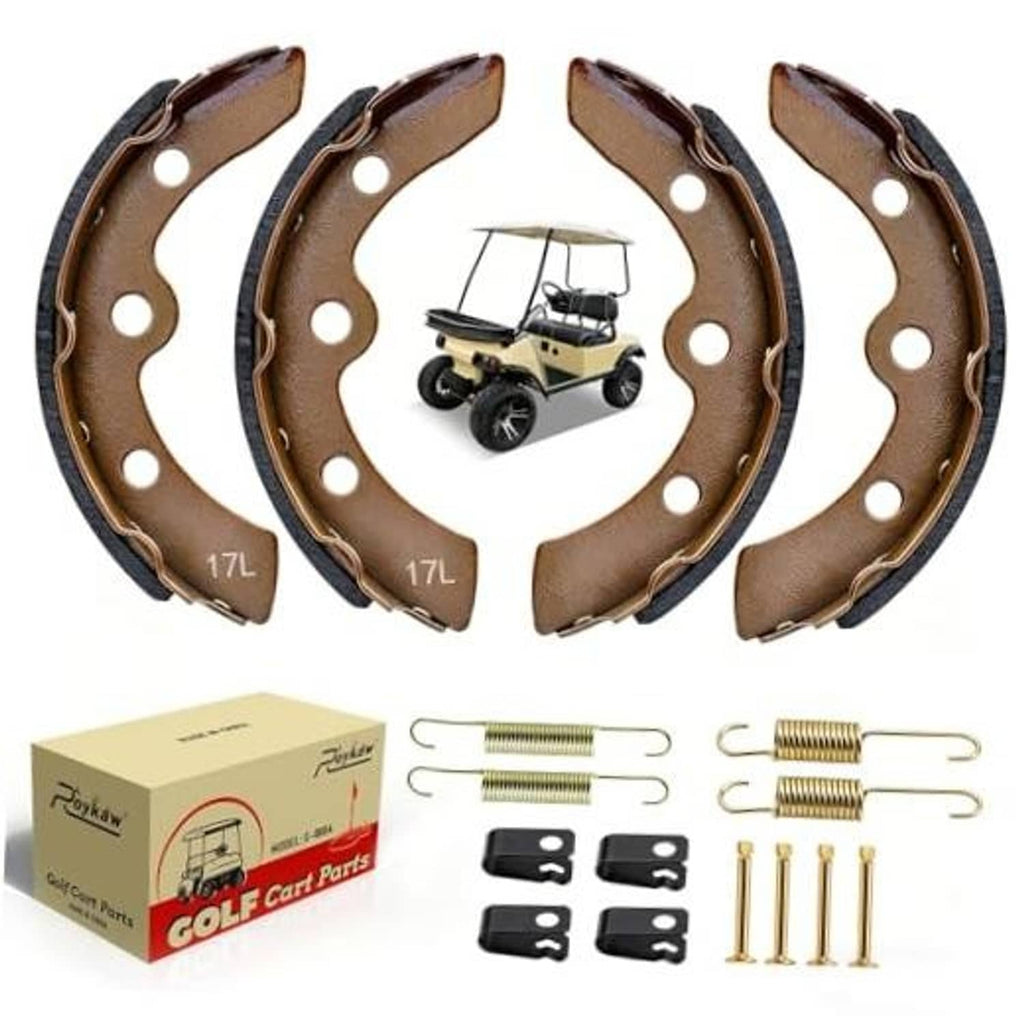 Golf cart brake shoes and springs kit with four brown brake pads, box, and hardware