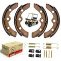 Golf cart brake shoes and springs kit with four brown brake pads, box, and hardware