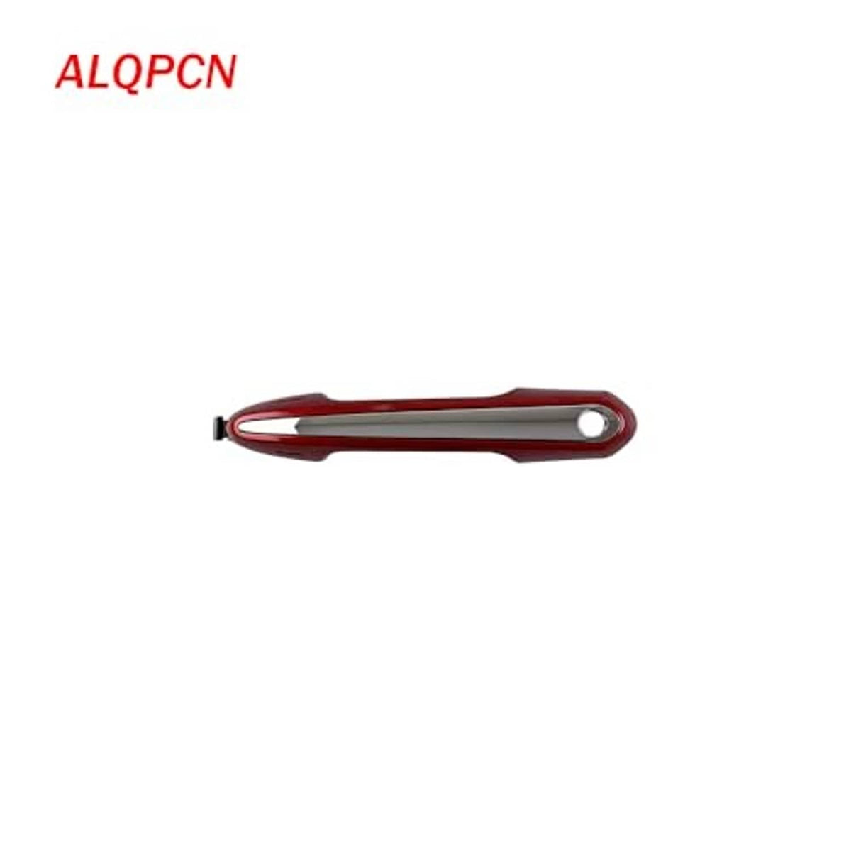 Red exterior door handle outer with silver pin hole, side profile view