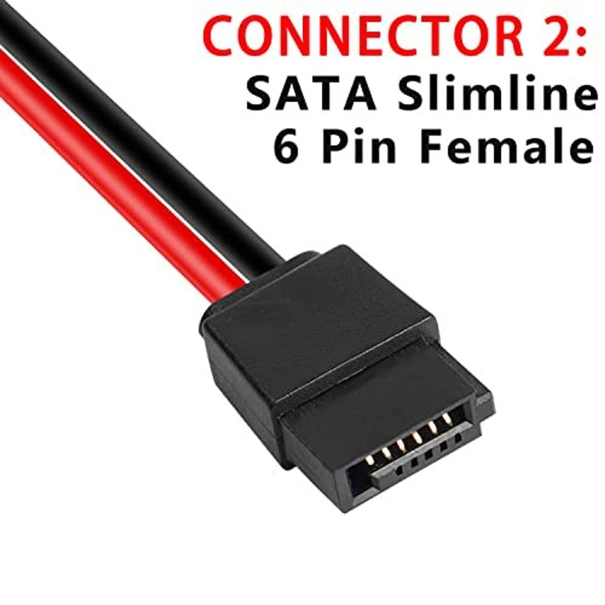 SATA slimline 6-pin female power connector, black housing, red and black cable leads