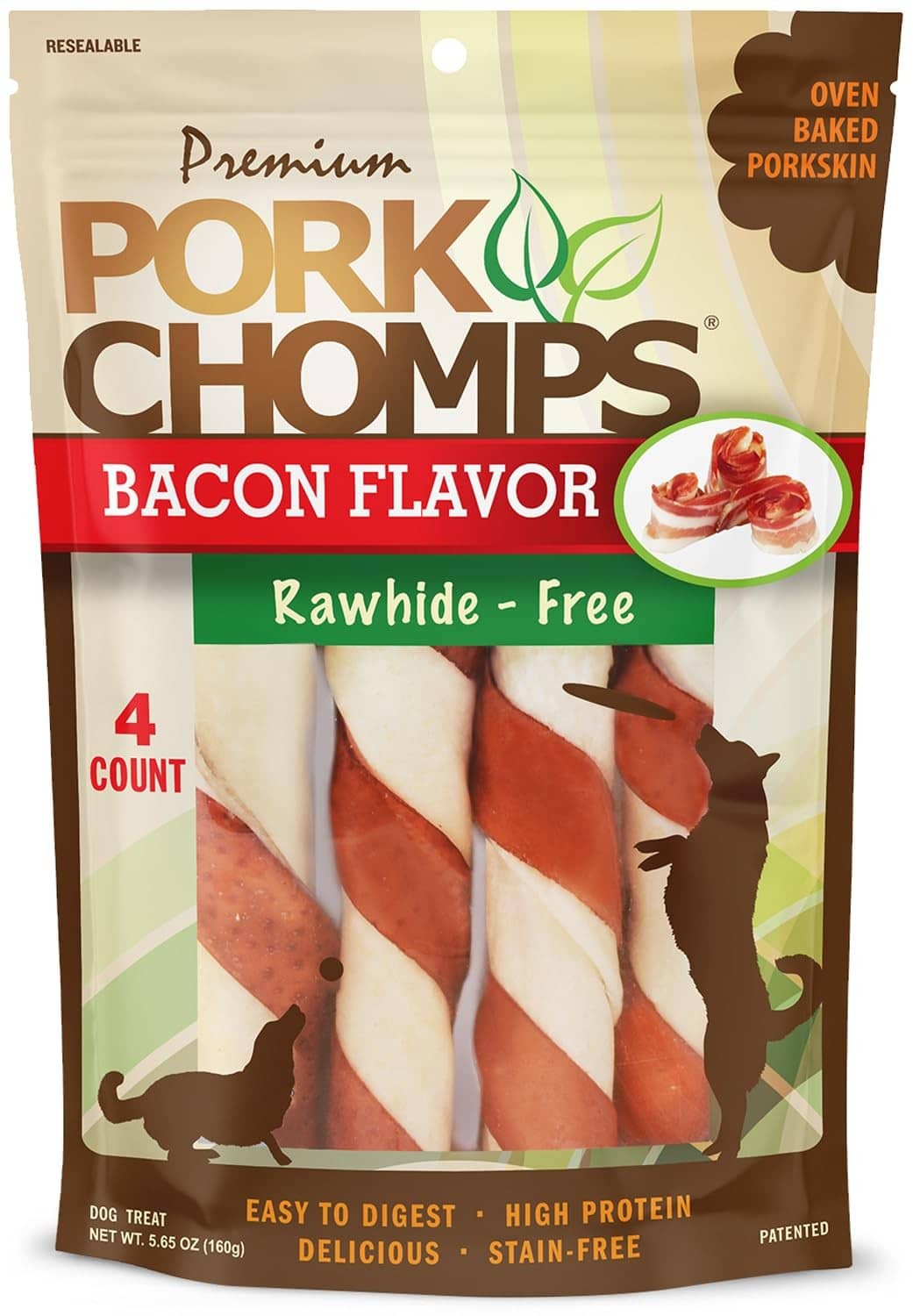 Bacon-flavored rawhide-free pork skin dog chew bag, 4-count, resealable pack