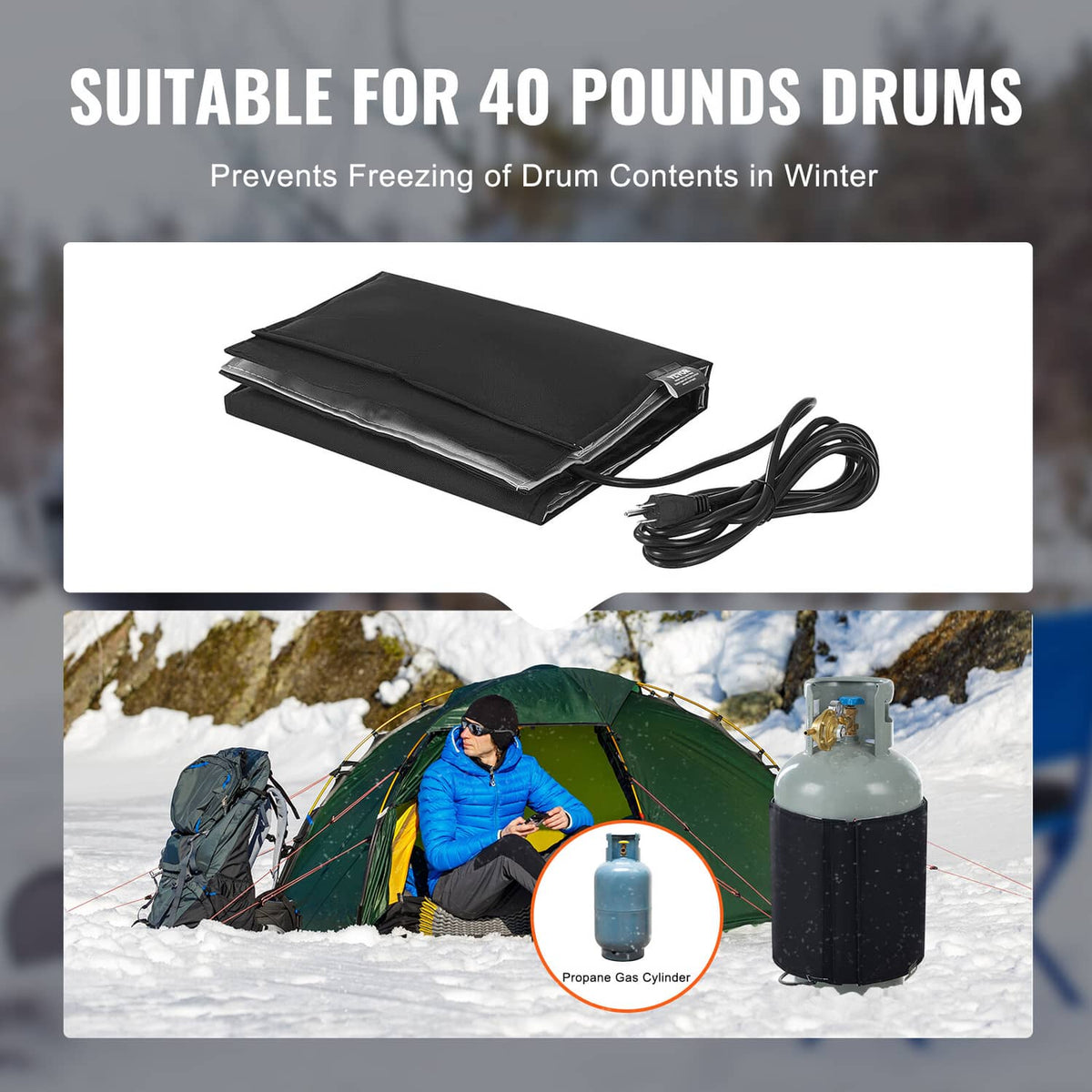 Insulated heating blanket for gas drum, black pad with power cord