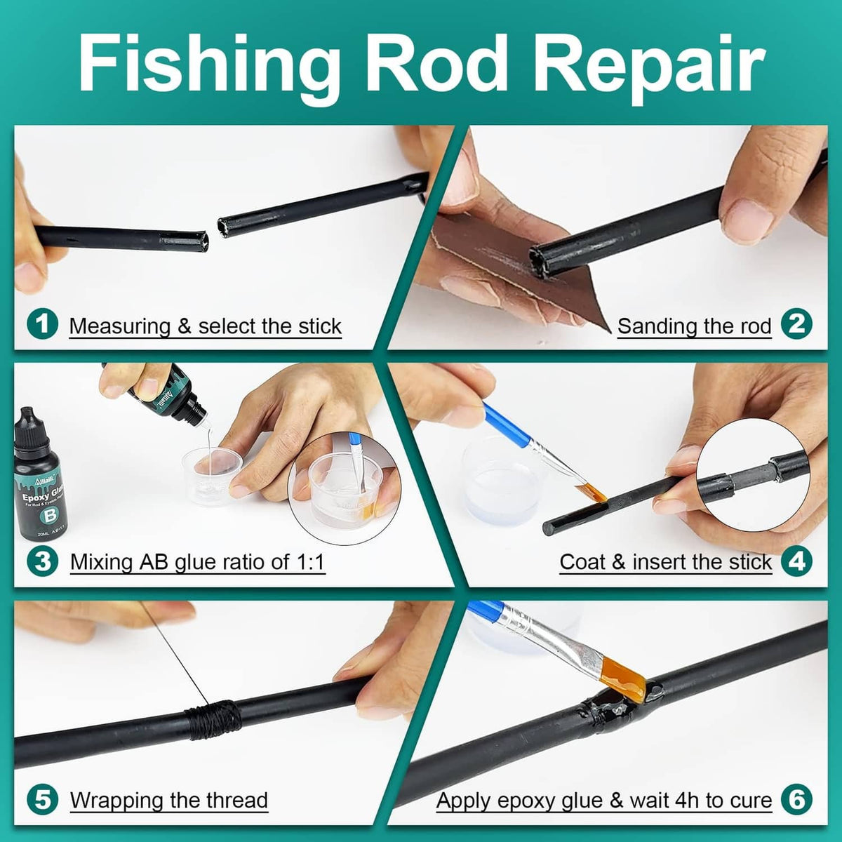 Fishing rod repair kit steps with hands sanding, mixing epoxy, and inserting stick