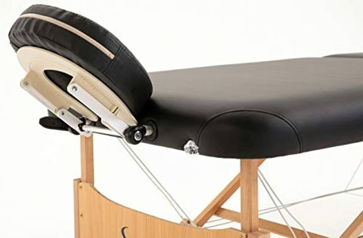 Black massage table face cradle and arm support on wooden portable frame