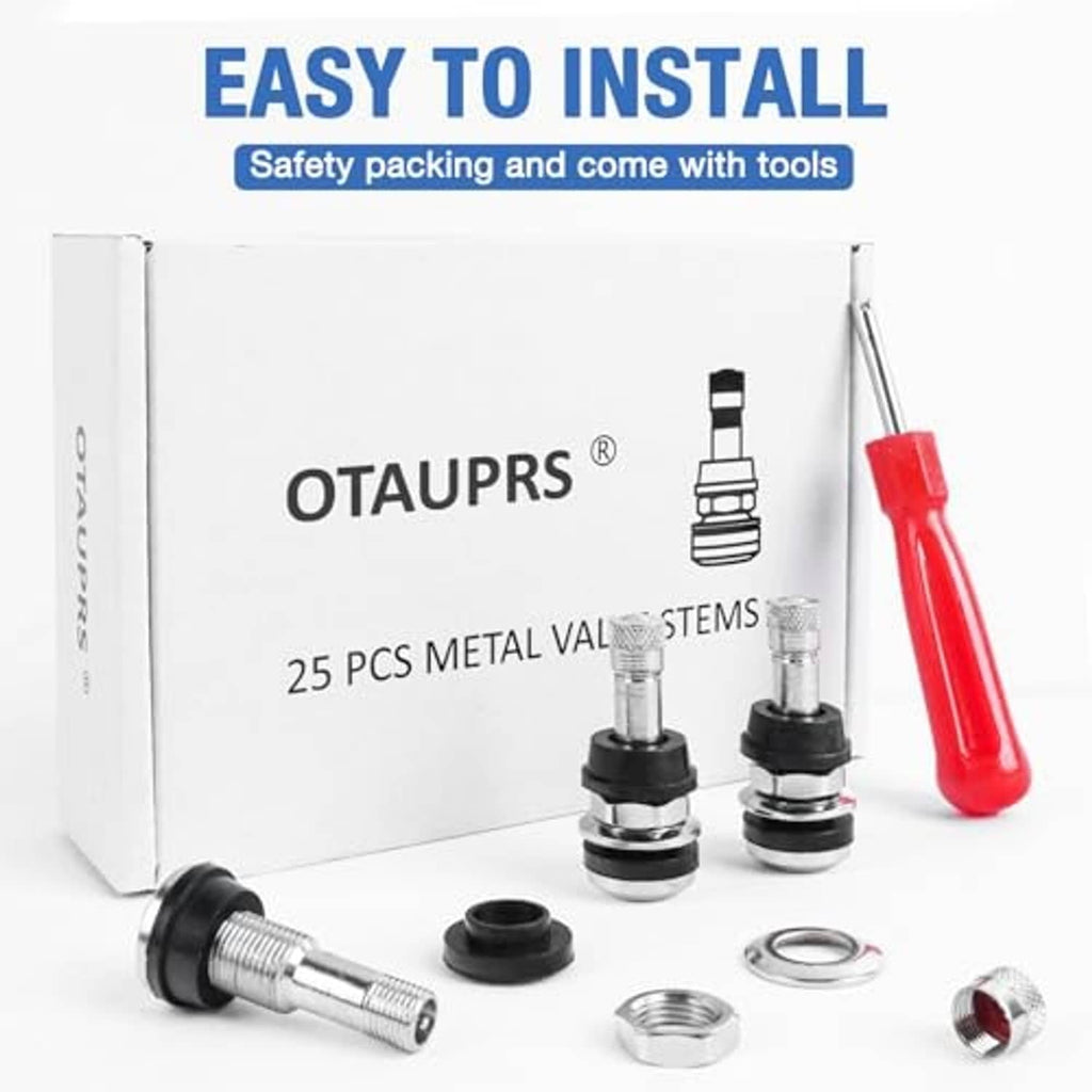 Metal tire valve stem kit with black clamp, rubber grommet, and included install parts