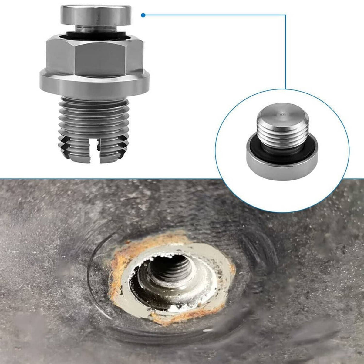 Oil drain plug repair kit with O-ring seal installed on an engine drain hole