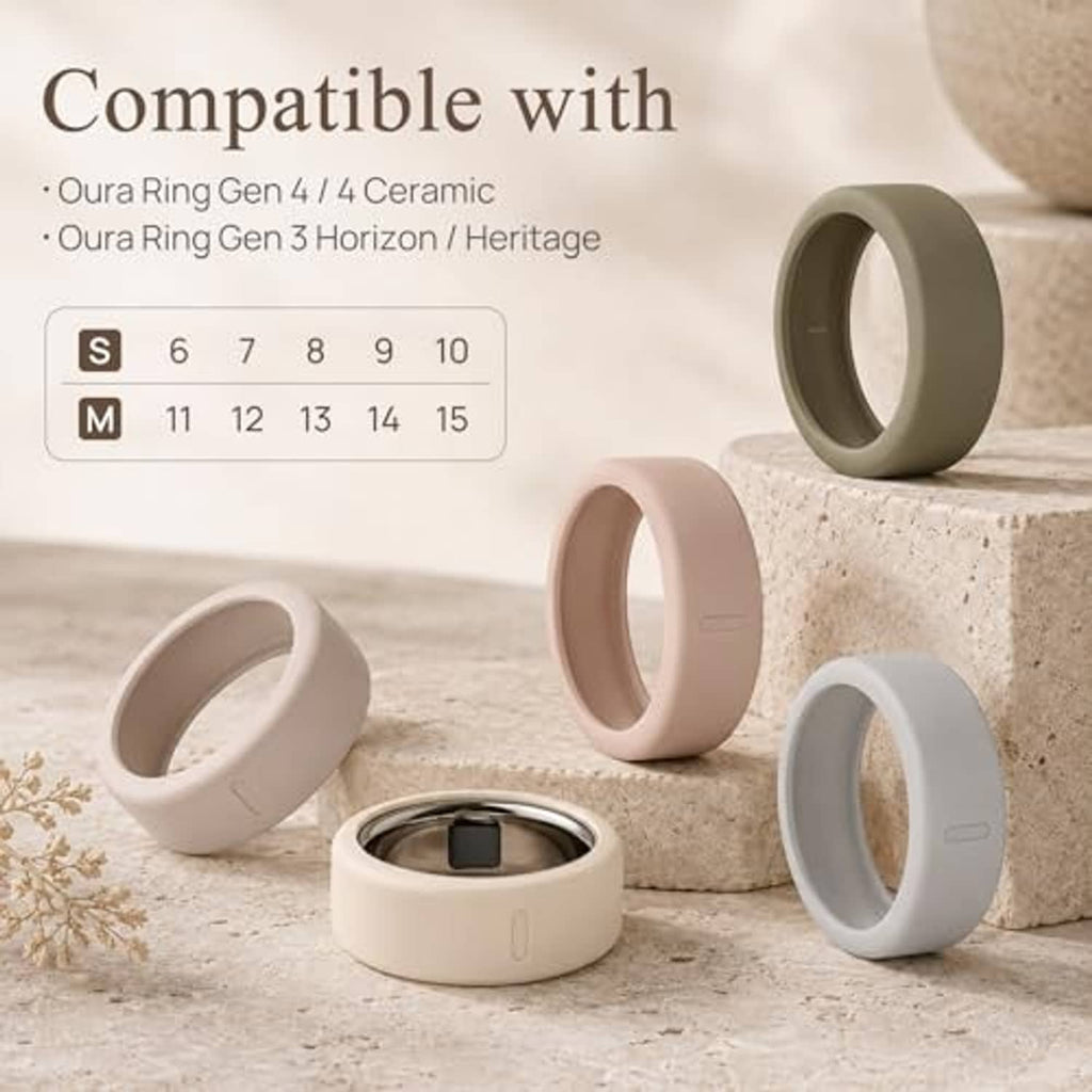 Oura-compatible ring covers in multiple colors and sizes, including white and olive
