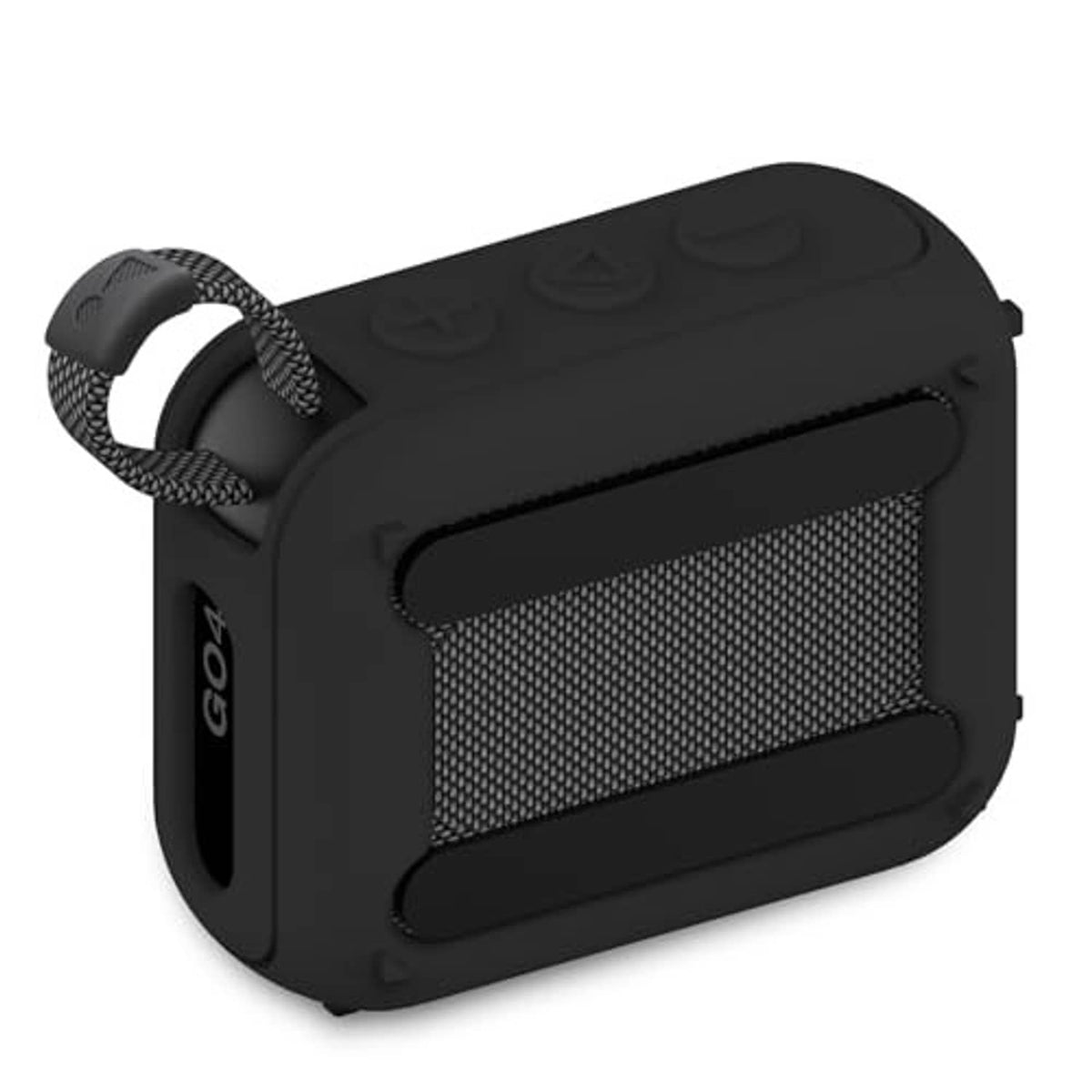 Black silicone speaker cover case with textured side, top controls, and carrying handle.