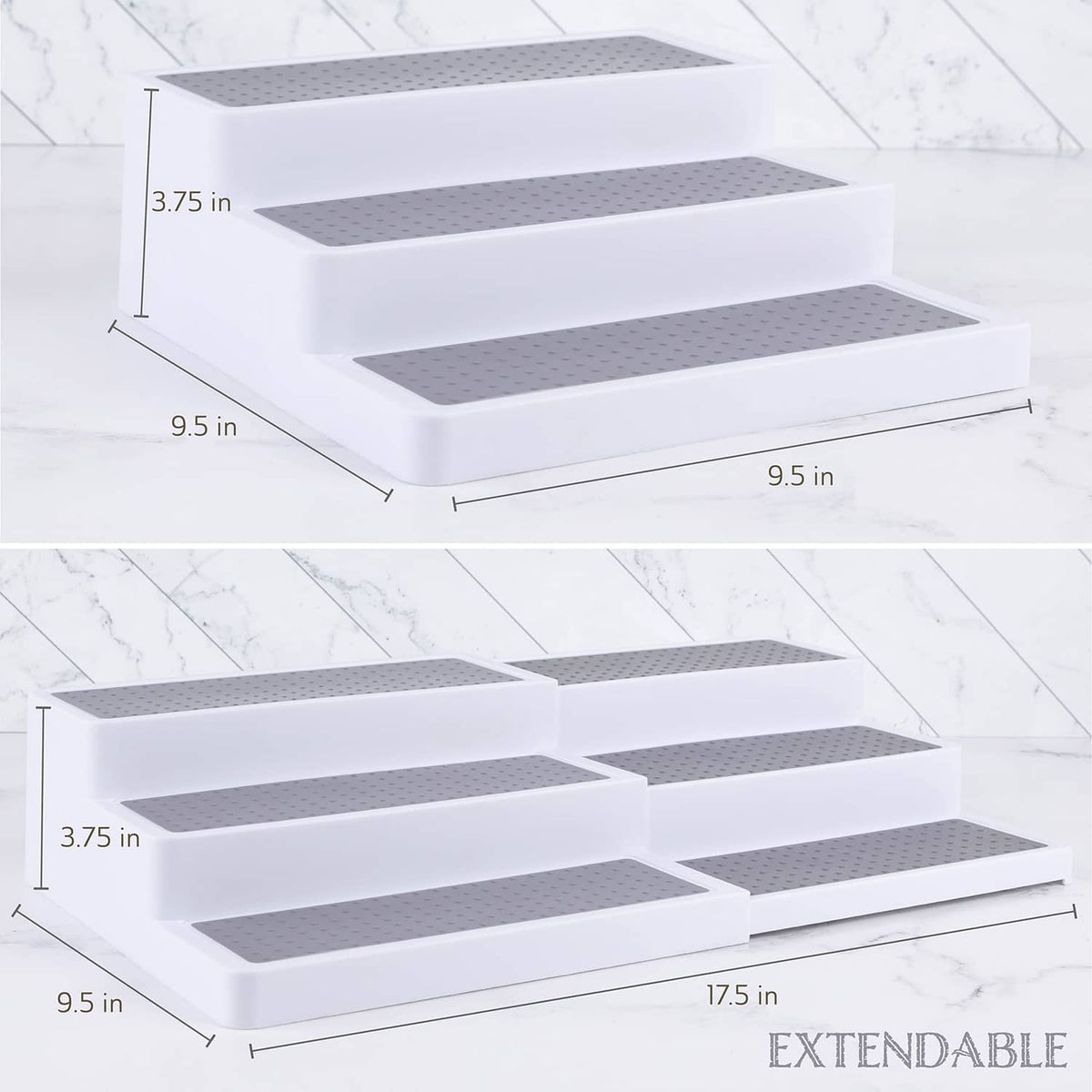 Expandable 3-tier white spice rack with gray perforated shelves, extended length.