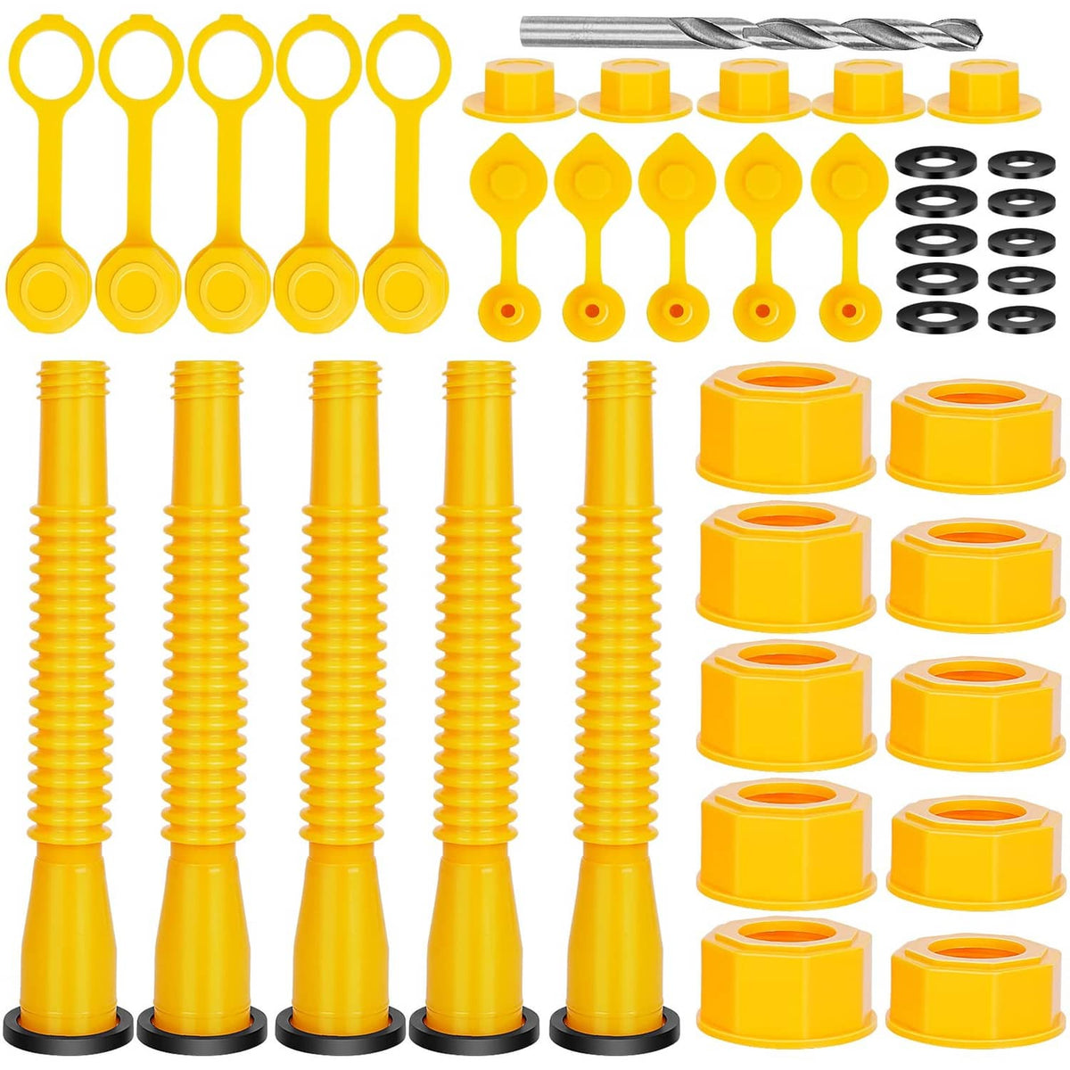 Yellow gas can spout replacement kit with flexible nozzle, caps, and washers