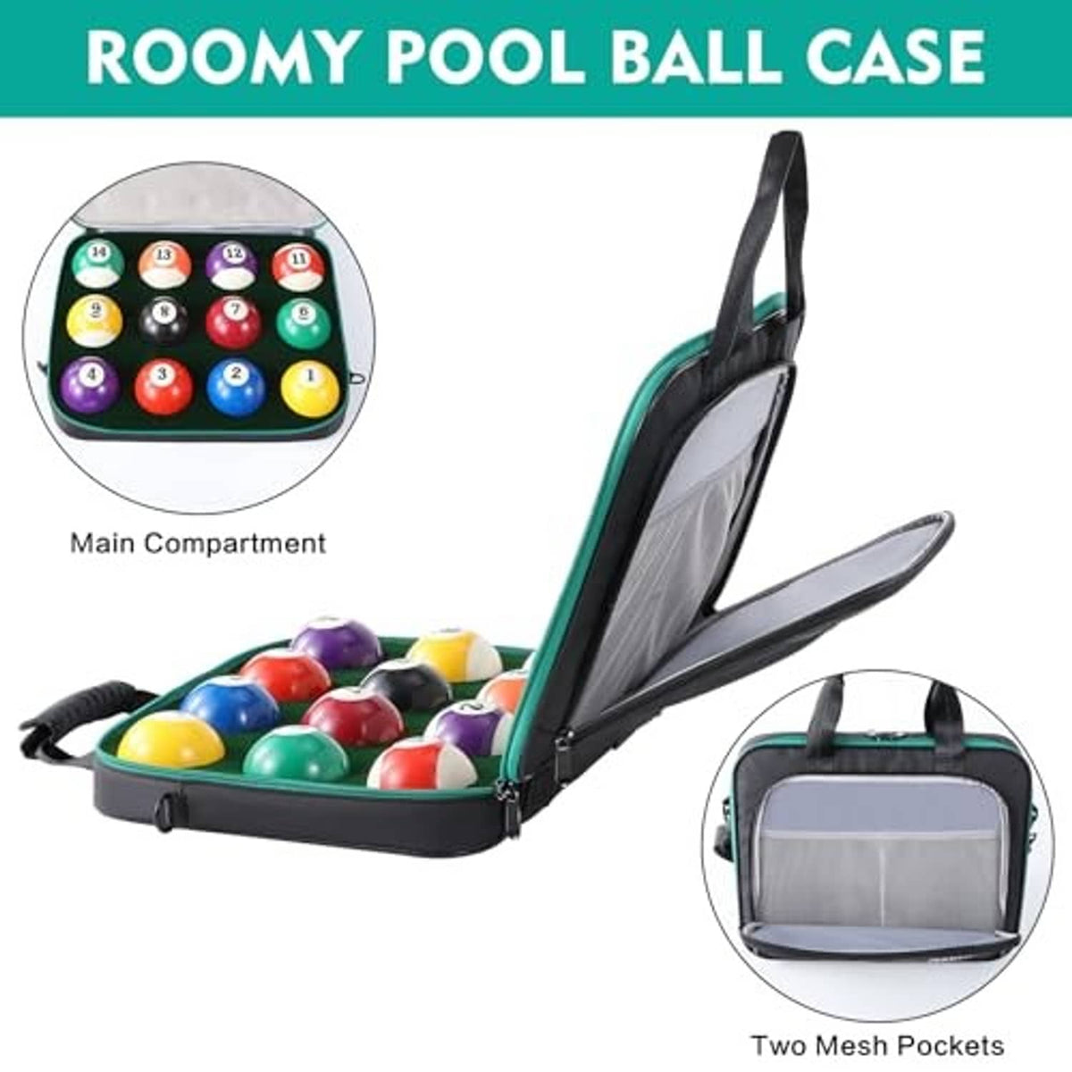 Roomy padded pool ball case with main compartment and side opening for access