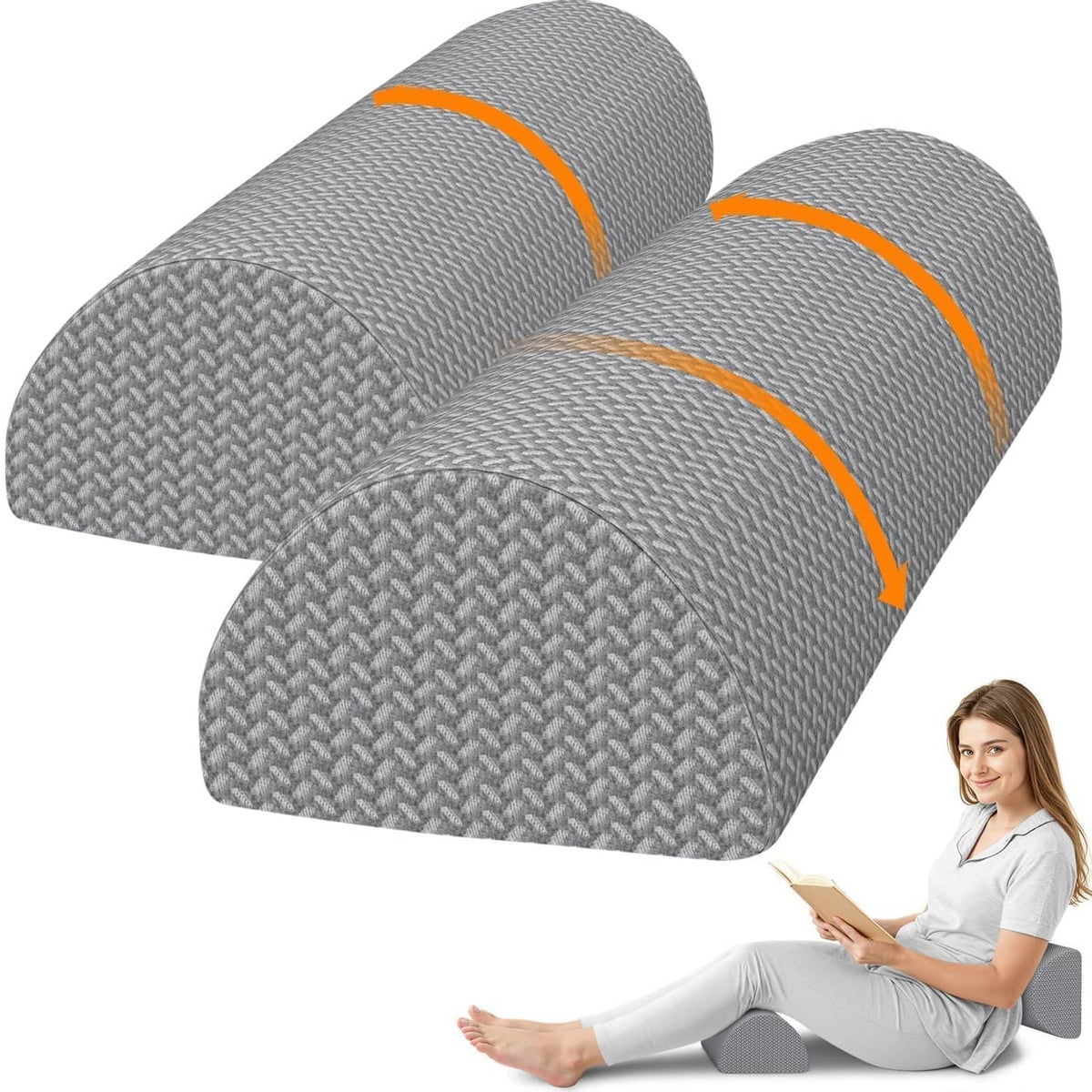 Gray half-moon memory foam knee pillow set with textured cover and orange piping