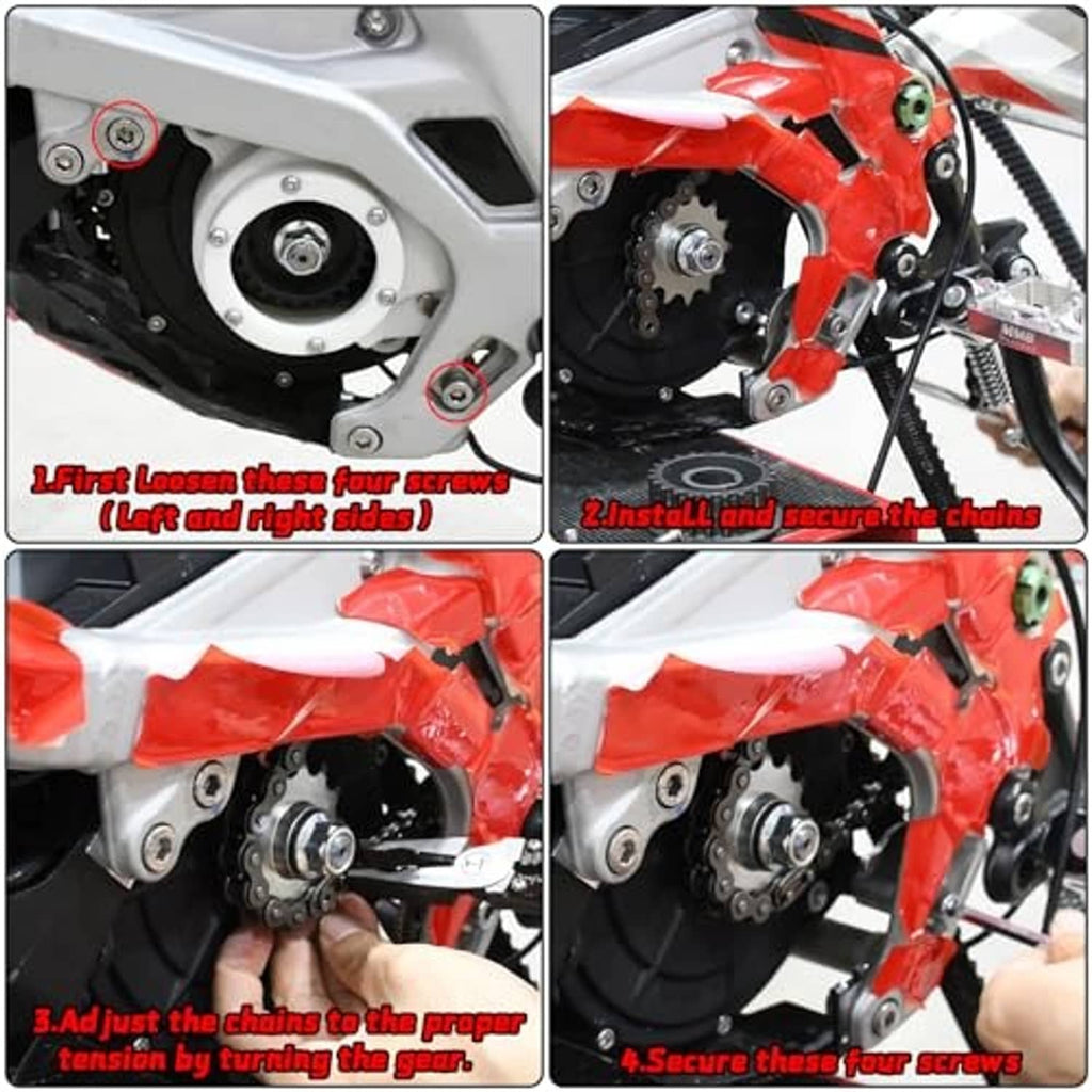 Chain drive installation steps showing sprocket cover, screws, and chain tensioning