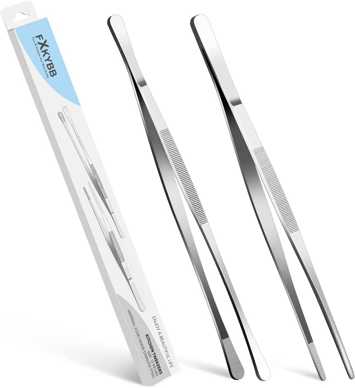 Stainless steel kitchen tweezers set with tapered ends and ridged non-slip grip
