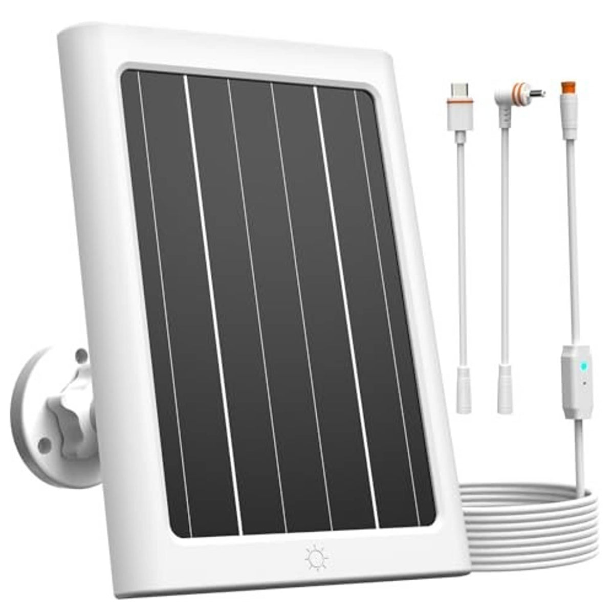 Solar panel with black cell surface and bundled cable leads for solar-powered security camera
