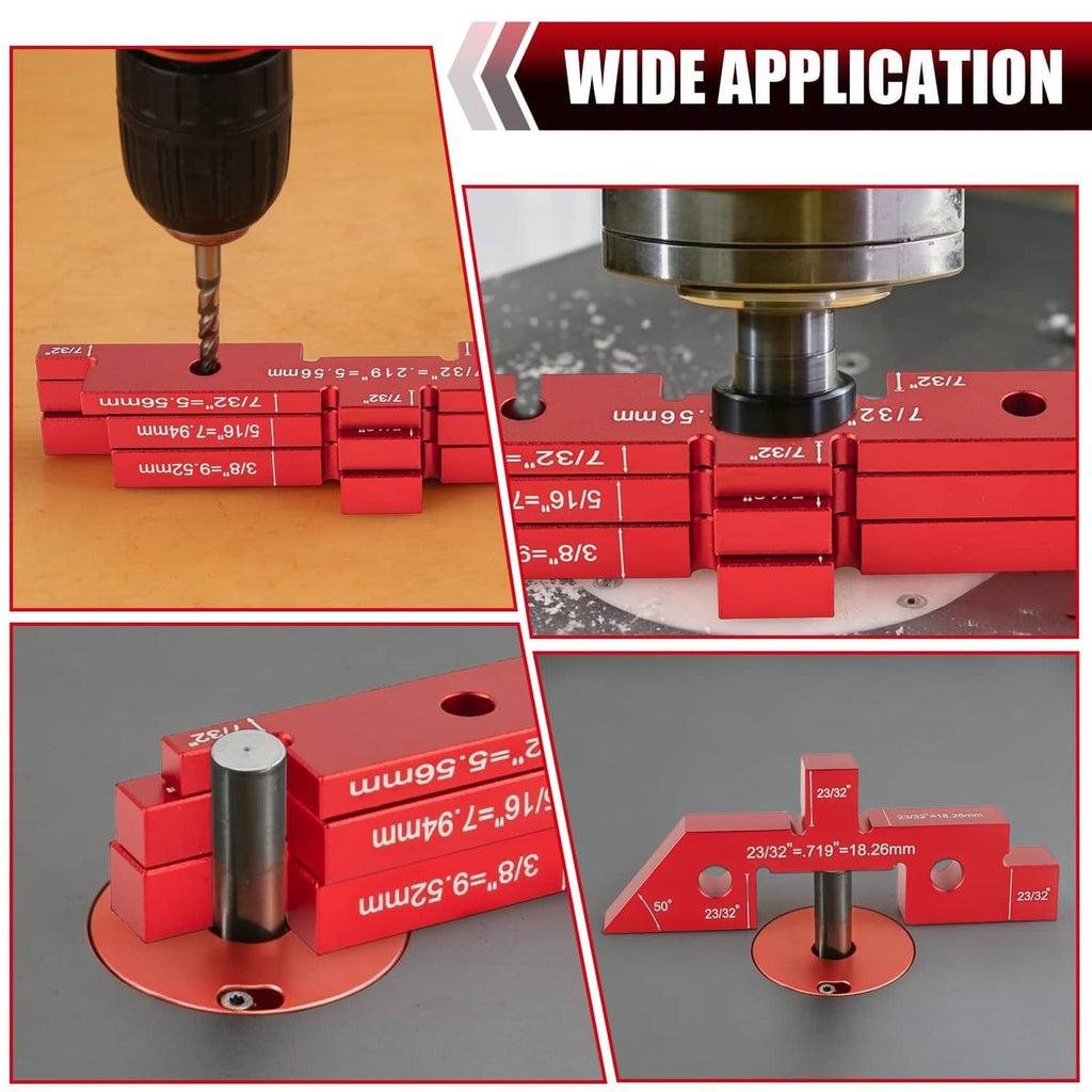 Red aluminum router setup blocks positioned under a drill press for guided cutting
