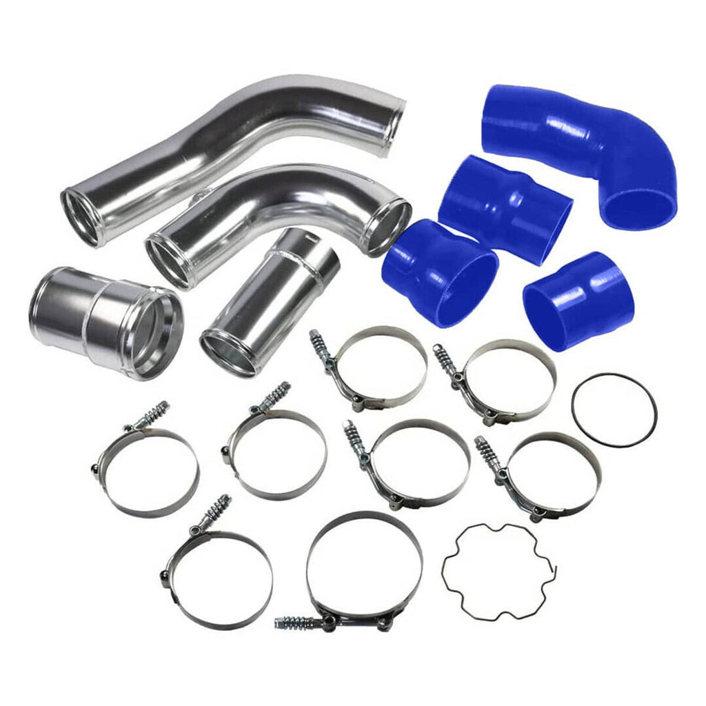 Intercooler pipe boot set bundle with stainless pipes, blue silicone boots, and clamps