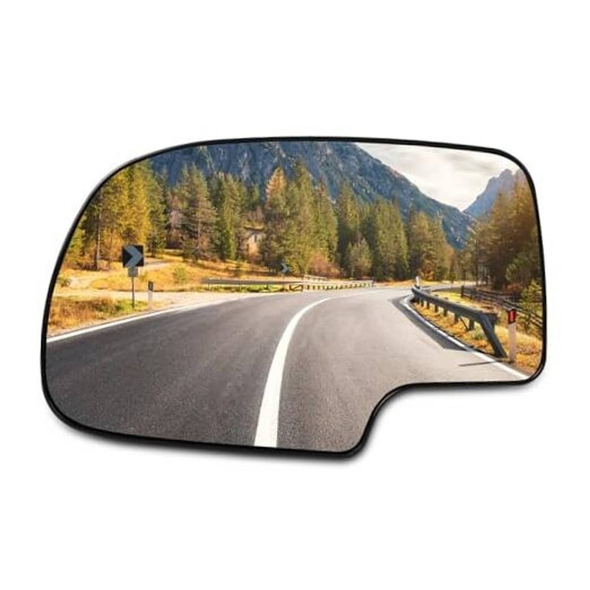 Left side exterior mirror glass insert, curved clear lens with black border