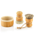 Bamboo dish brush set with soap holder and two wooden scrub brushes