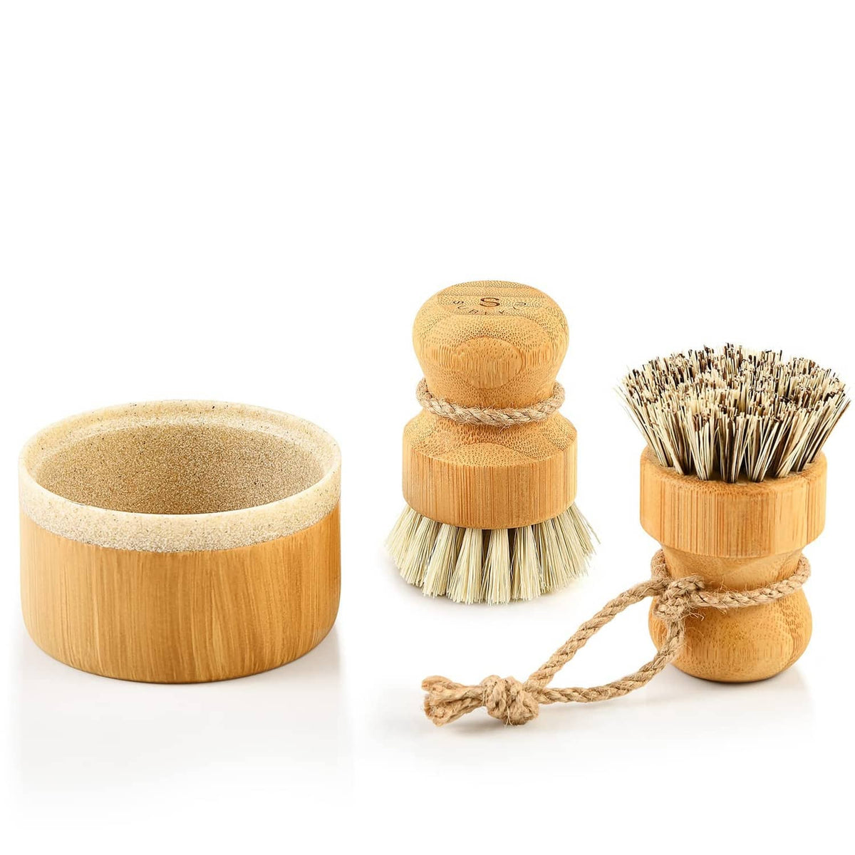 Bamboo dish brush set with soap holder and two wooden scrub brushes