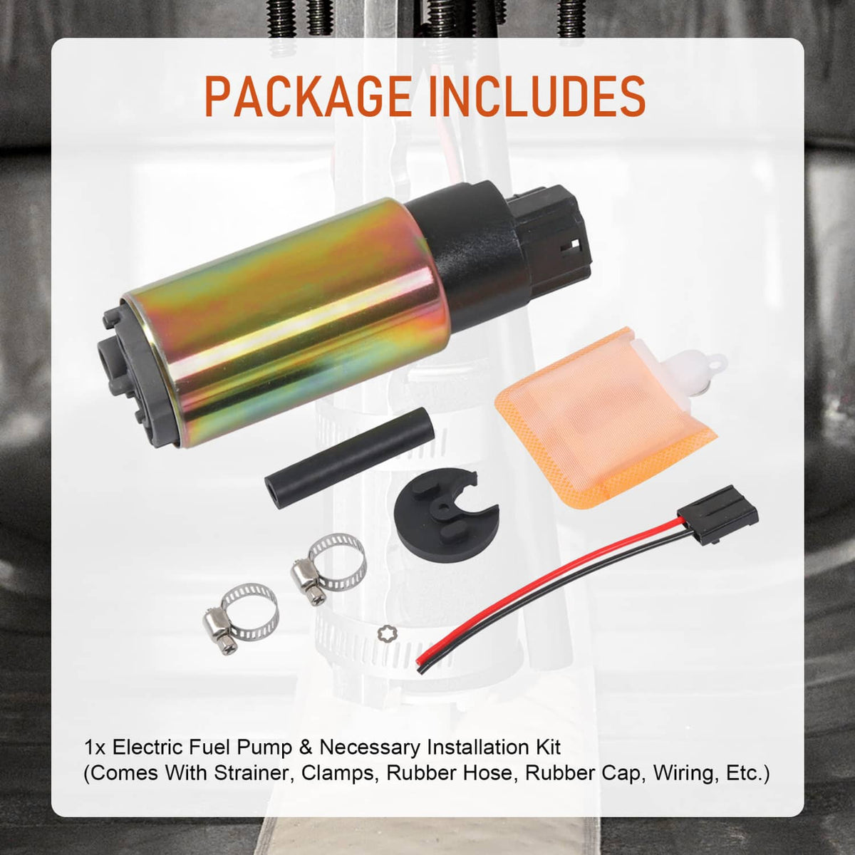 Fuel pump and strainer kit contents, including wiring and installation hardware