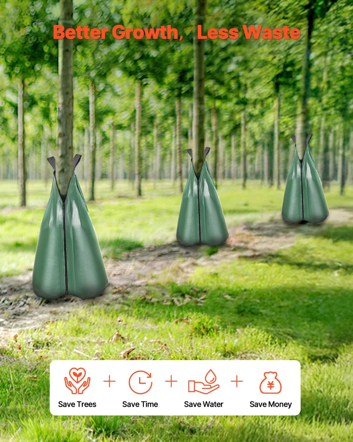 Green tree watering bag cluster on grass, tapered irrigation bags with zipper closures
