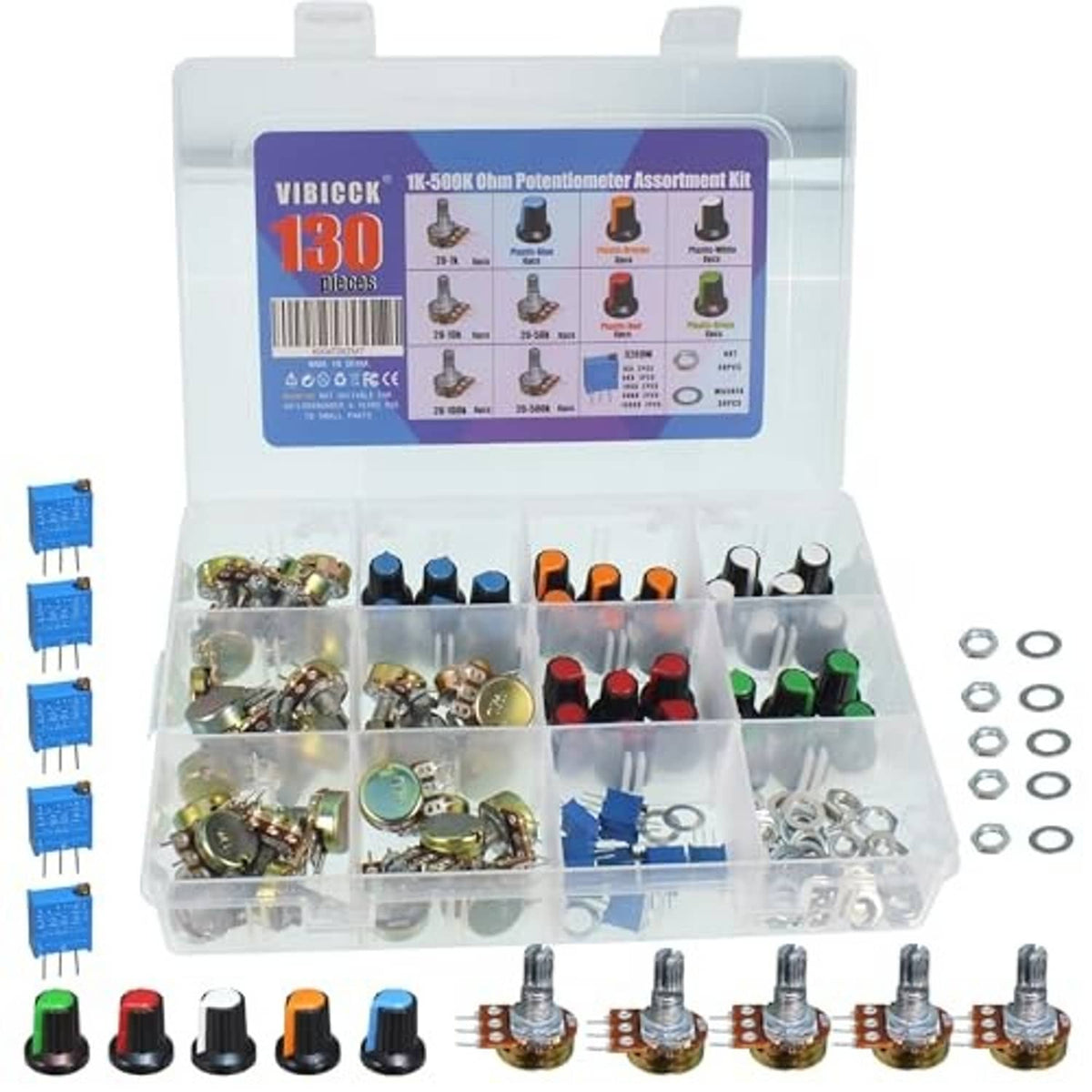 Potentiometer assortment kit in open plastic organizer with colored potentiometer knobs and hardware
