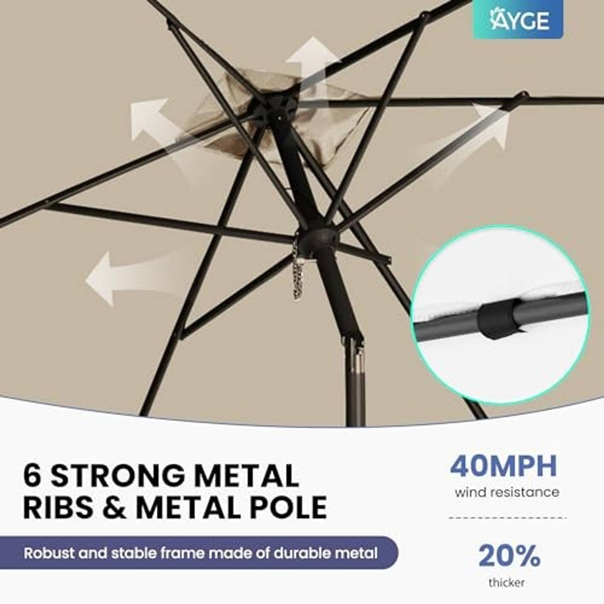 Beige patio umbrella frame with metal ribs and central pole, close-up of hub and supports