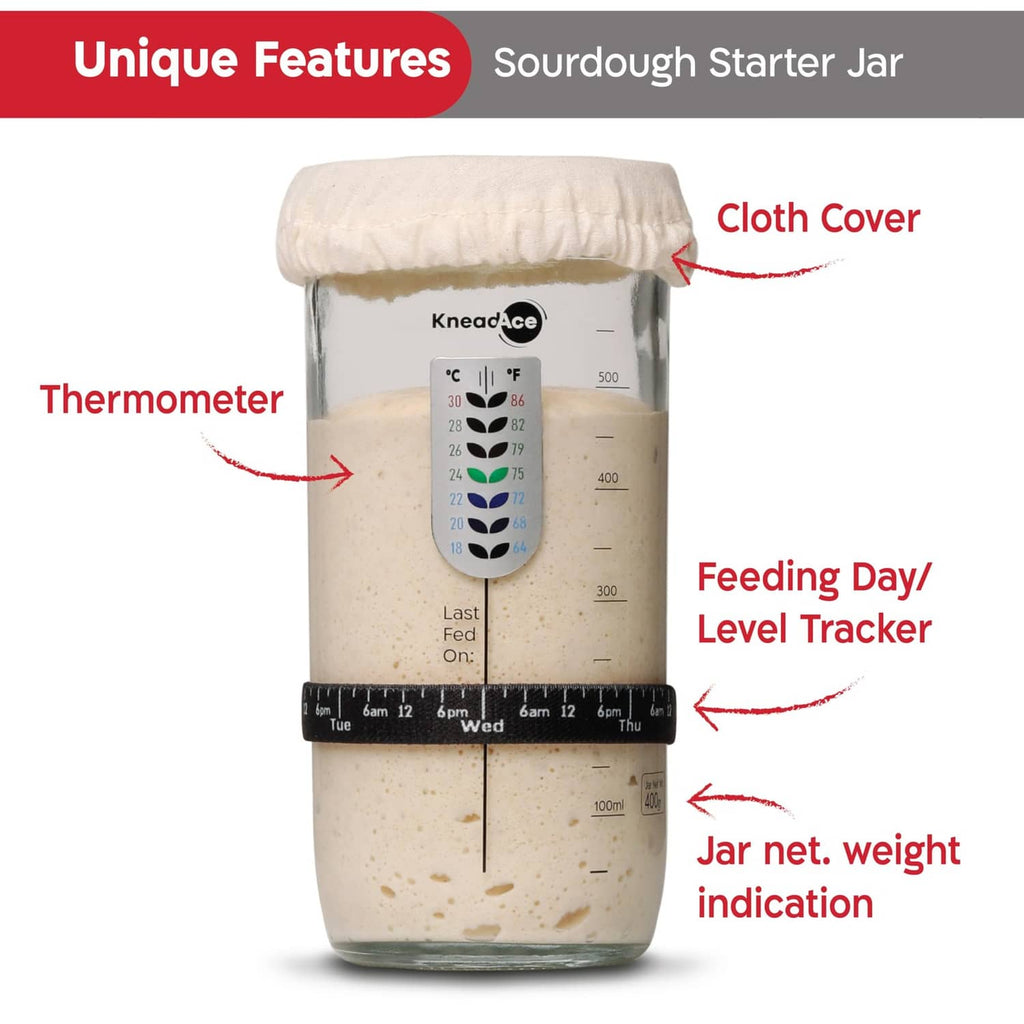 Sourdough starter jar with thermometer, cloth cover, and feeding day level tracker