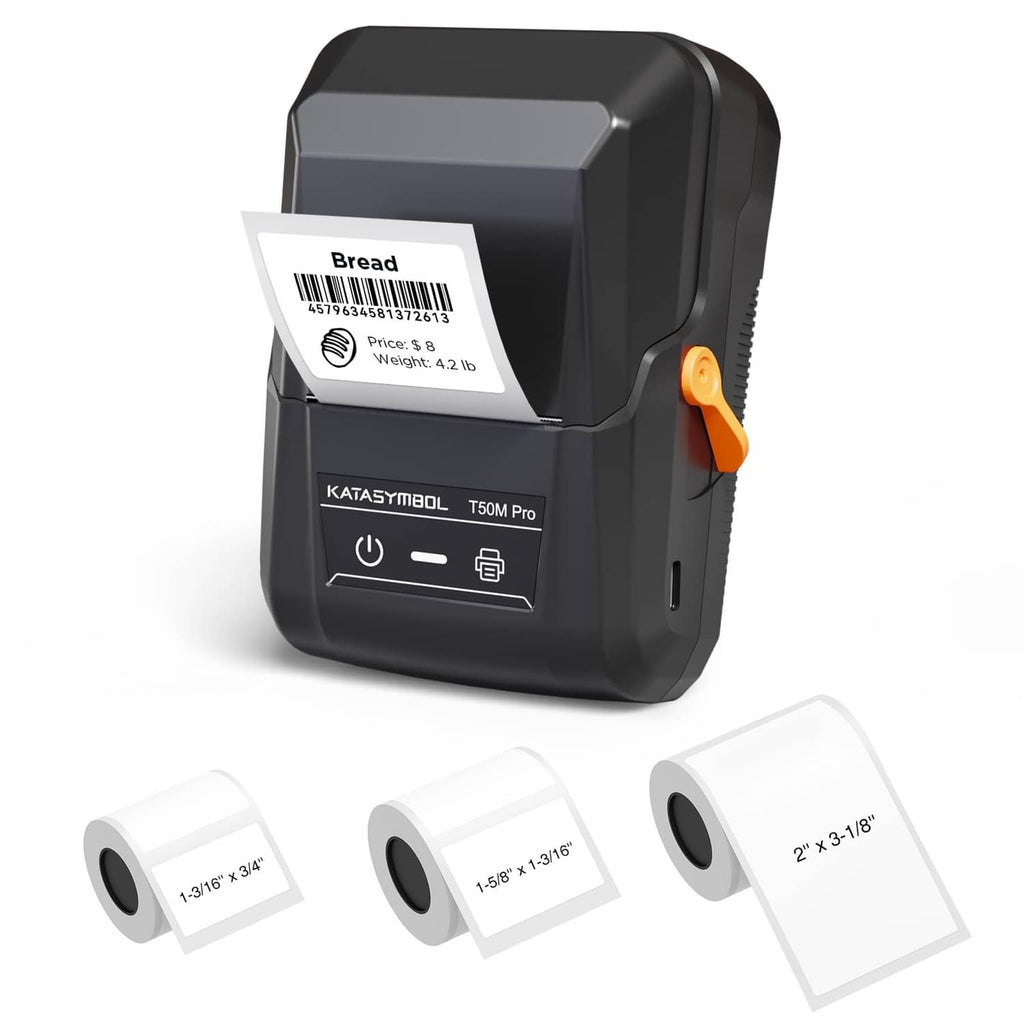 Black Bluetooth label printer with paper rolls and sample printed labels
