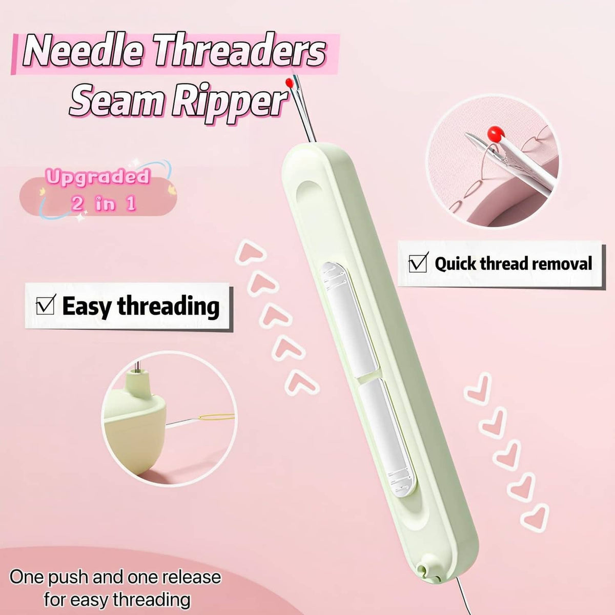 2-in-1 needle threader and seam ripper, light green handheld tool with red pin