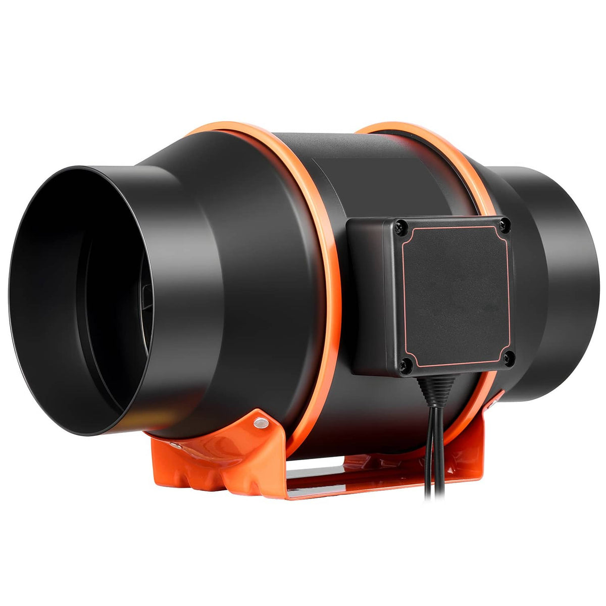 Inline ventilation fan side view with black ducting and orange mounting bracket