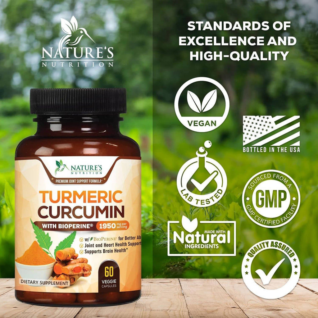Turmeric curcumin supplement bottle with vegan, lab tested, GMP badges