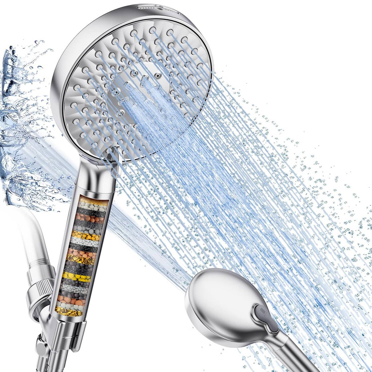 Chrome handheld showerhead with filter cartridge, round face and flexible hose