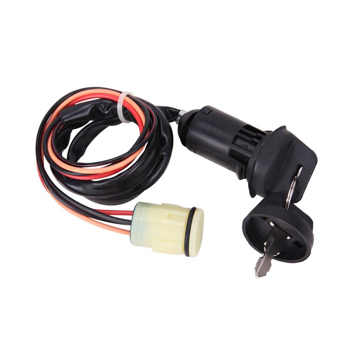 Ignition switch key harness with black connector housing, light yellow plug, and keys