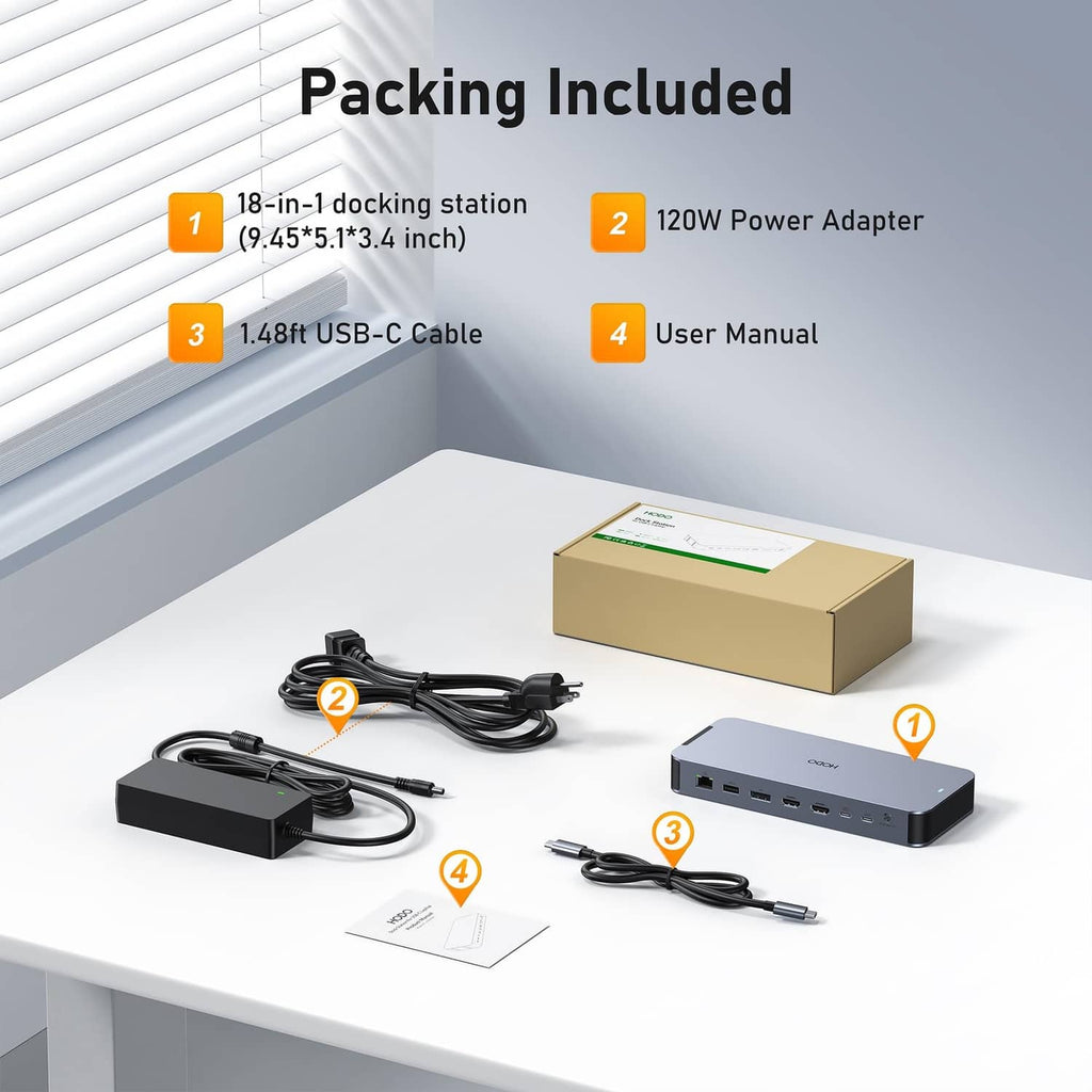 Laptop docking station bundle with 120W power adapter, USB-C cable, and user manual.