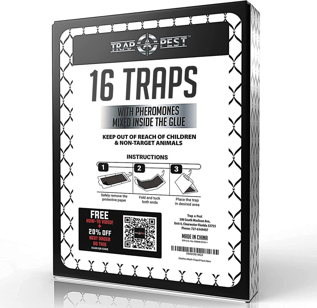 Clothes moth trap packaging back panel for 16 traps with pheromones, black and white