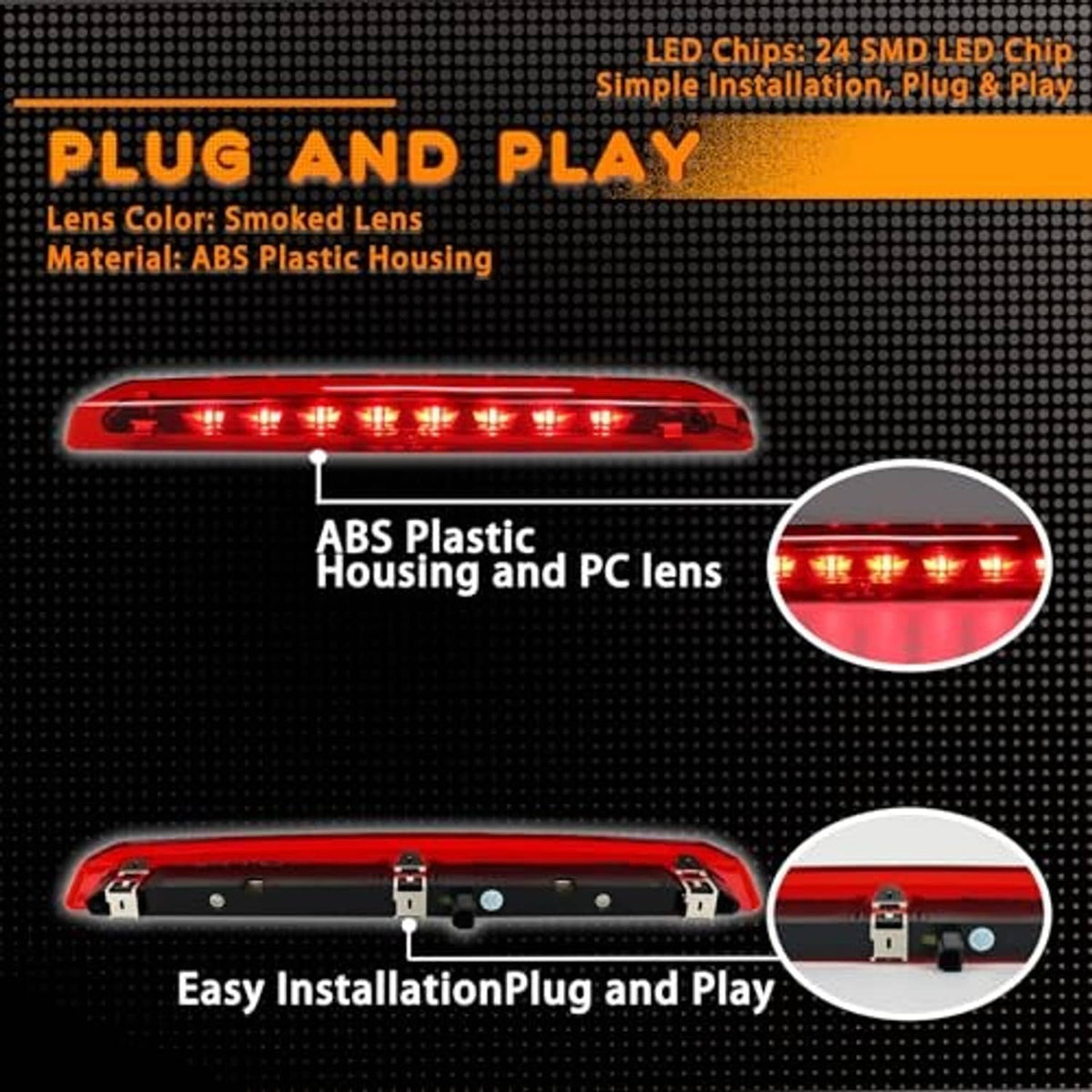 LED third brake light with smoked lens and ABS housing, plug-and-play diagram