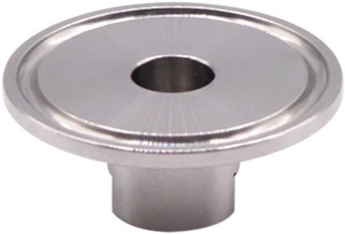 Stainless steel tri clamp adapter top view with central opening and mounting base